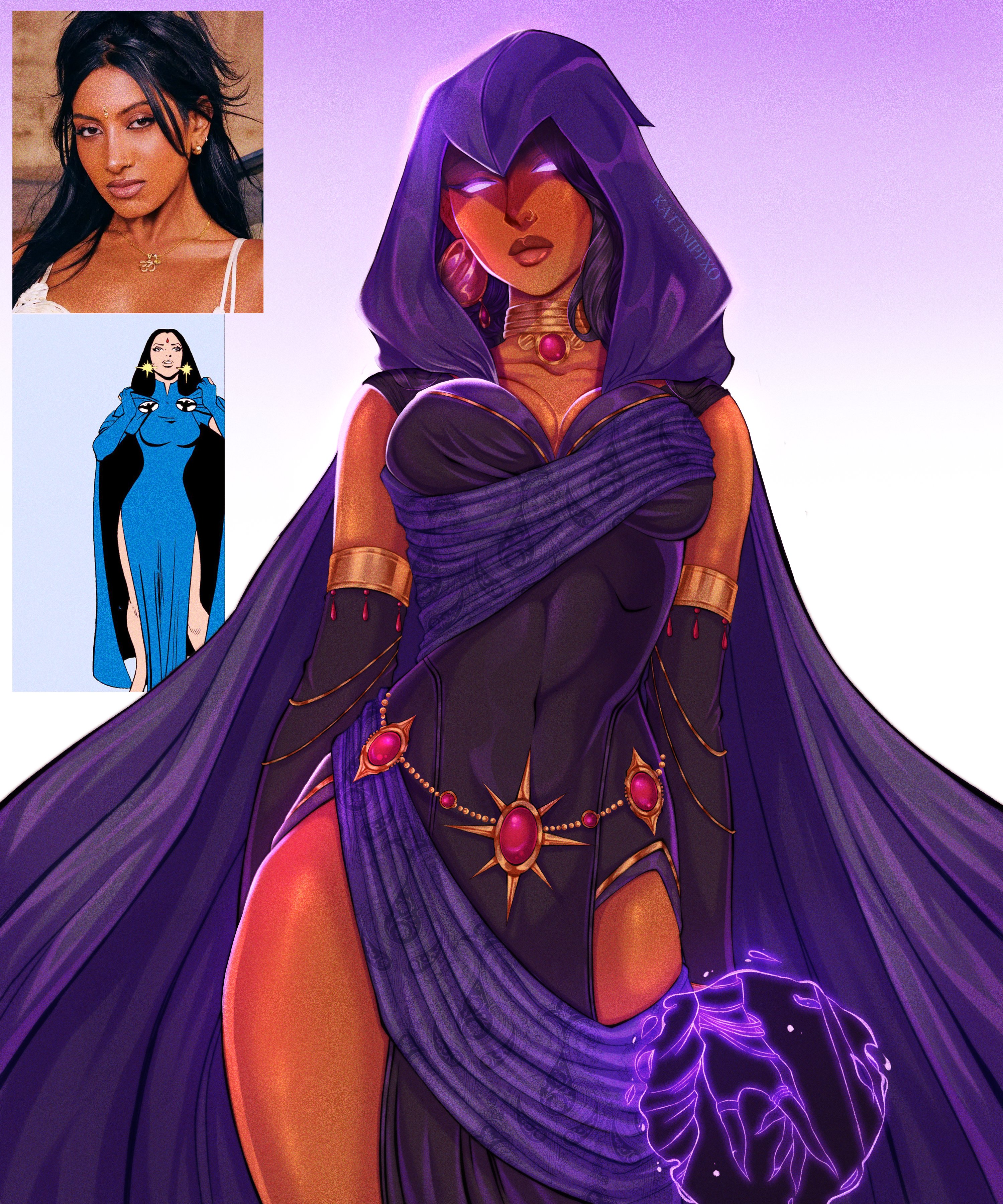 raven (dc), dc comics, real life, teen titans, absurdres, commentary, english commentary, highres, 1girl, alternate design, artist name, black leotard, breasts, cape, choker, covered navel, cowboy shot, dark-skinned female, dark skin, earrings, face piercing, fingernails, forehead jewel, glowing, glowing eyes, hood, hood up, hooded cape, index ring, jewelry, kattnippxo, lara (katseye), leotard, long hair, multiple rings, nose piercing, pelvic curtain, photo inset, piercing, purple cape, purple eyes, purple hair, reference inset, ring, sharp fingernails, thumb ring