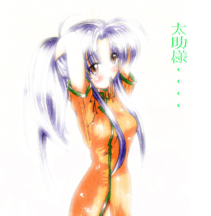 hiro ichi, shugogetten shaolin, mamotte shugogetten!, adjusting hair, brown eyes, china dress, chinese clothes, dress, long hair, purple hair, solo