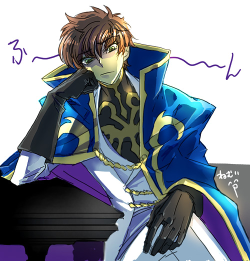 kururugi suzaku, code geass, non-web source, 00s, 1boy, cape, gloves, head rest, head tilt, male focus, sitting, solo
