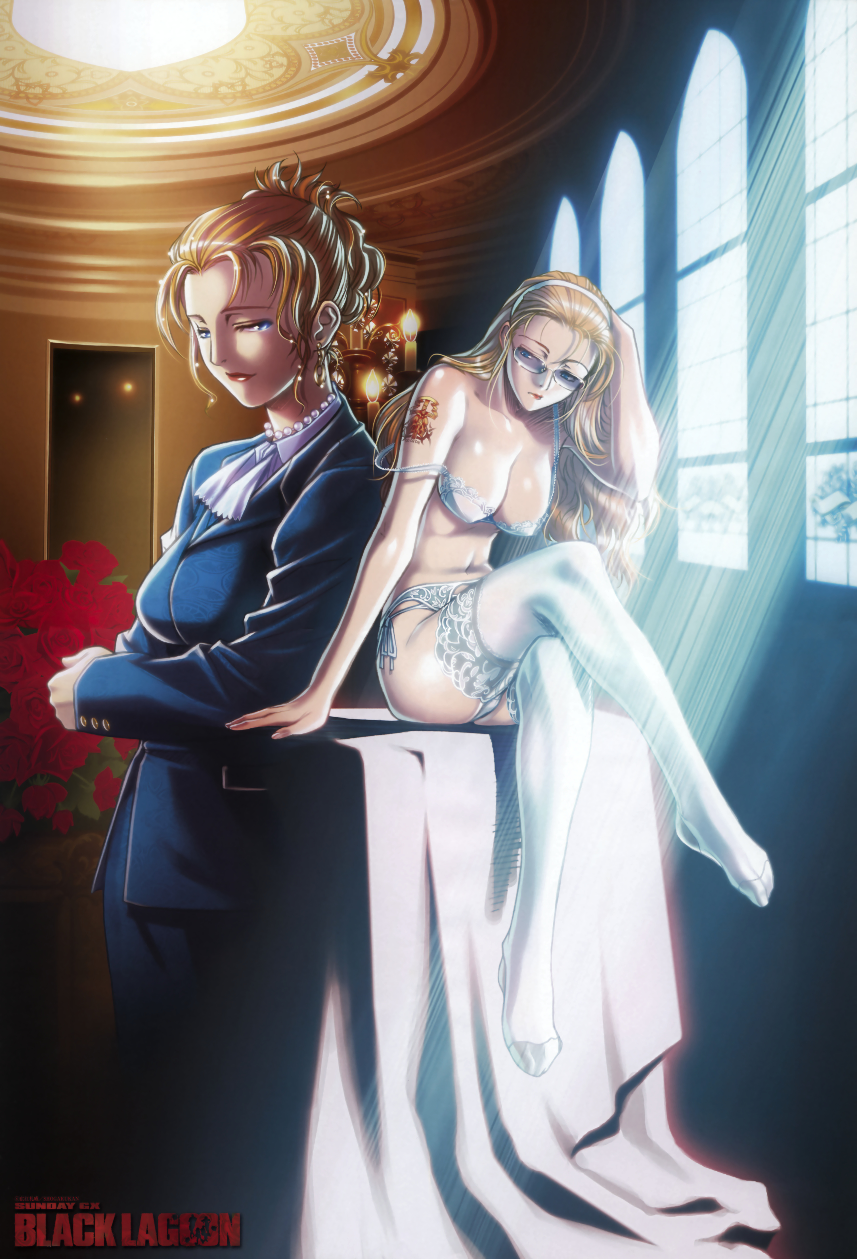 hiroe rei, eda (black lagoon), black lagoon, lace-trimmed legwear, absurdres, highres, non-web source, official art, spoilers, 00s, 1girl, alternate costume, alternate hairstyle, artistic error, blonde hair, blue eyes, bra, breasts, cleavage, crossed legs, dual persona, earrings, formal clothes, garter belt, garter straps, glasses, hairband, half-closed eyes, jewelry, lace, lace trim, large breasts, light smile, lingerie, lipstick, long hair, makeup, navel, necklace, panties, pearl necklace, side-tie panties, sitting, skirt, skirt suit, strap gap, strap slip, suit, sunglasses, sunlight, tattoo, thighhighs, underwear, underwear only, updo, white bra, white panties, white thighhighs, wrong foot