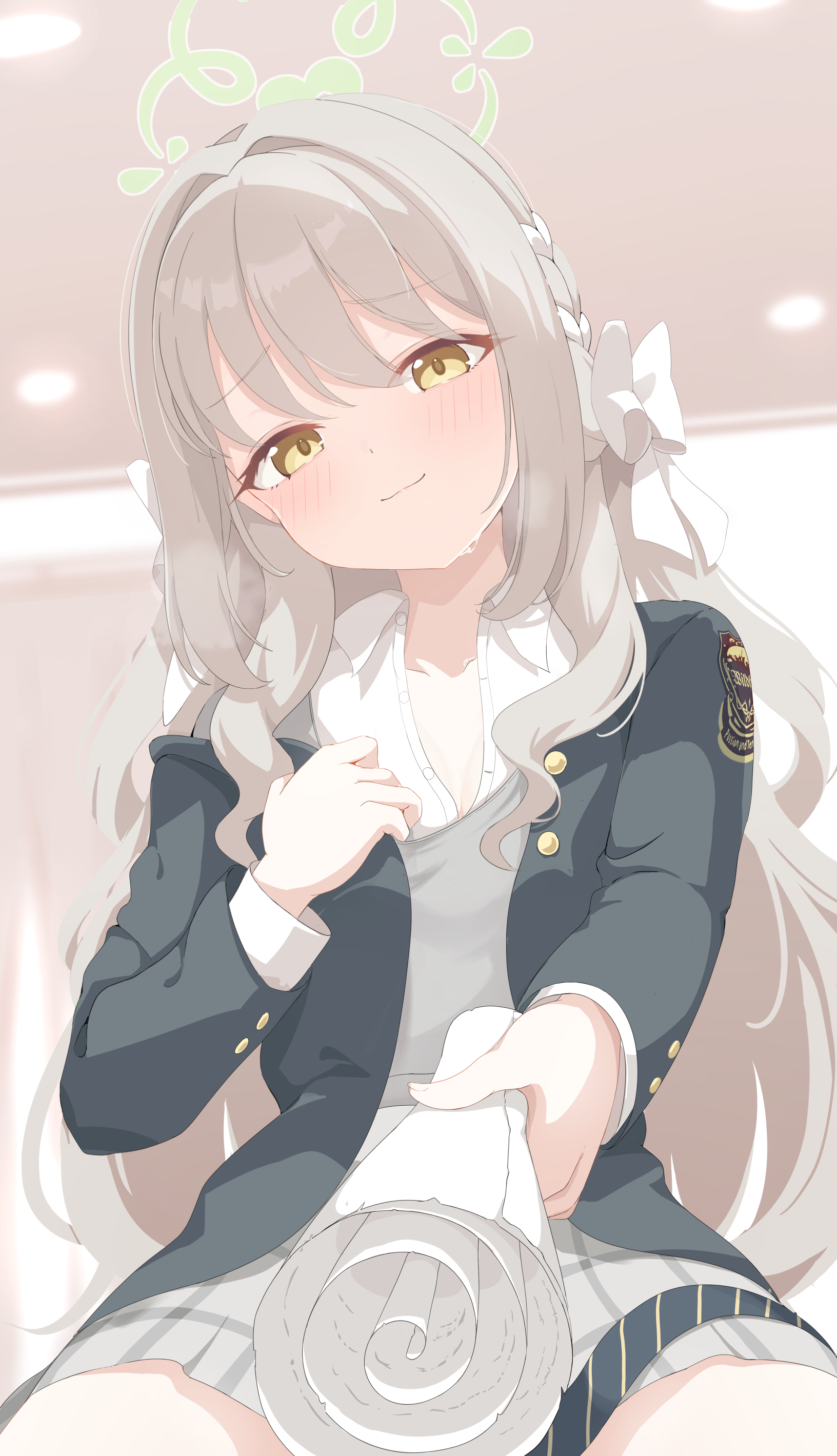 hello-ghiblisan, miyo (blue archive), blue archive, absurdres, commentary request, highres, 1girl, black jacket, bow, braid, closed mouth, collarbone, collared shirt, green halo, grey hair, grey skirt, grey sweater vest, hair bow, halo, jacket, layered sleeves, long hair, long sleeves, looking at viewer, miniskirt, partially unbuttoned, pleated skirt, shirt, skirt, solo, sweater vest, white bow, white shirt, yellow eyes