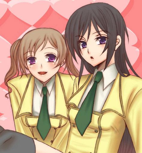 kisaragi n, lelouch vi britannia, luluko, rolo lamperouge, roloko, code geass, gender request, non-web source, 00s, 2girls, genderswap, multiple girls, necktie, school uniform, serafuku, twintails