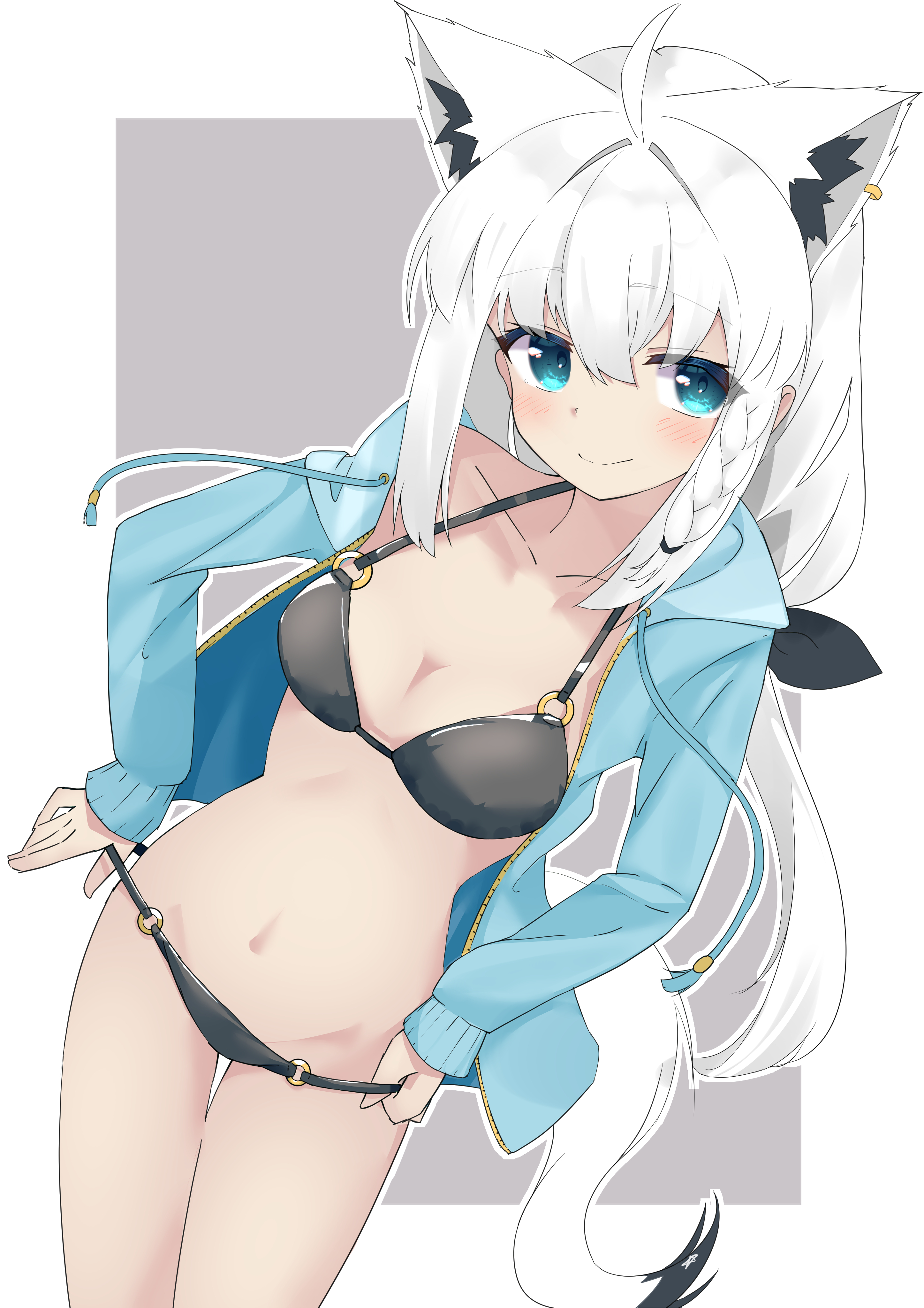 shirayuki (snow link), shirakami fubuki, hololive, absurdres, commentary, highres, 1girl, ahoge, animal ears, bikini, black bikini, braid, breasts, fox ears, fox girl, fox tail, long hair, smile, solo, swimsuit, tail, white hair