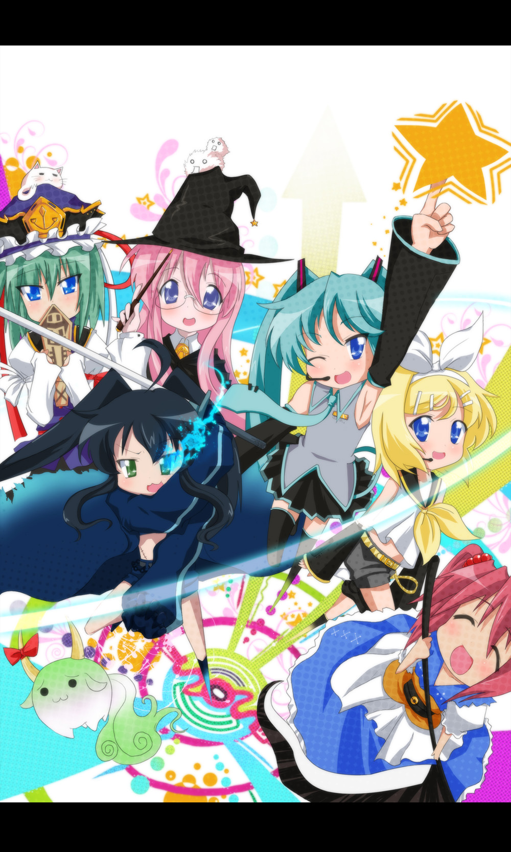auer, black rock shooter (character), ex-keine, hatsune miku, hiiragi kagami, hiiragi tsukasa, iwasaki minami, izumi konata, kagamine rin, kamishirasawa keine, kedama (touhou), kobayakawa yutaka, louise francoise le blanc de la valliere, onozuka komachi, shiki eiki, sukusuku hakutaku, takara miyuki, black rock shooter, lucky star, touhou, vocaloid, zero no tsukaima, bad id, bad pixiv id, highres, 6+girls, :3, black rock shooter (cosplay), cosplay, crossover, female focus, hatsune miku (cosplay), kagamine rin (cosplay), multiple crossover, multiple girls, parody, pentacle, thighhighs