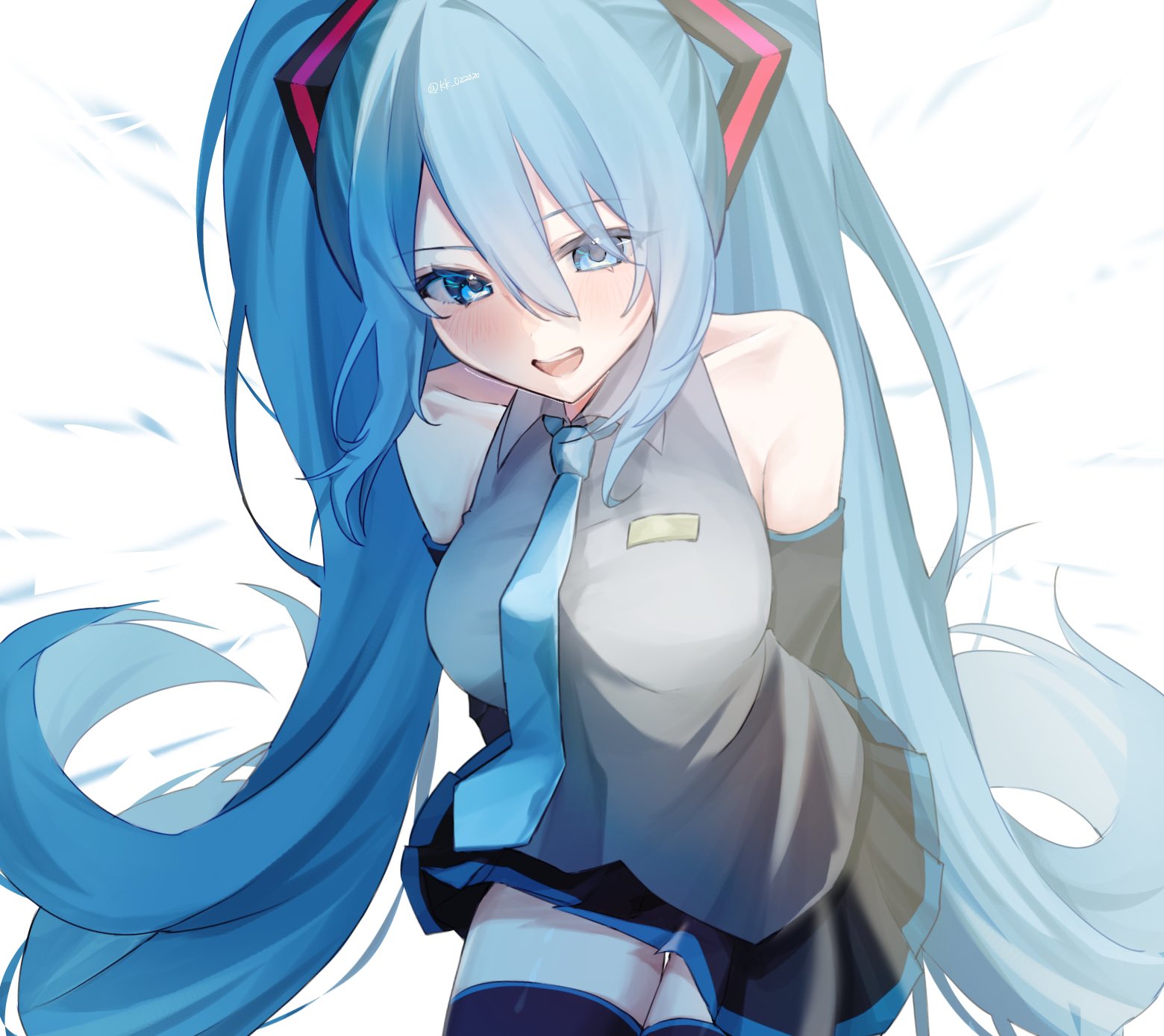 hatsune miku, vocaloid, hashtag-only commentary, highres, 1girl, arms behind back, bare shoulders, black skirt, black sleeves, black thighhighs, blue eyes, blue hair, blue necktie, blue trim, blush, breasts, collarbone, collared shirt, cowboy shot, detached sleeves, grey shirt, hair between eyes, hair ornament, kk 022020, large breasts, long hair, long sidelocks, long sleeves, looking at viewer, miniskirt, necktie, open mouth, pleated skirt, shirt, sidelocks, skirt, sleeveless, sleeveless shirt, smile, solo, standing, teeth, thigh gap, thighhighs, twintails, twitter username, untucked shirt, upper teeth only, very long hair, zettai ryouiki