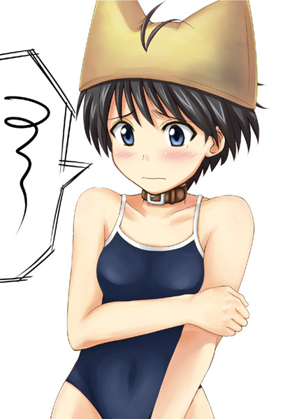 kisugi, kisugi akira, kikuchi makoto, idolmaster, idolmaster (classic), idolmaster 1, 00s, animal ears, antenna hair, bare shoulders, blue eyes, blush, brown hair, collar, competition school swimsuit, hat, one-piece swimsuit, school swimsuit, short hair, solo, swimsuit