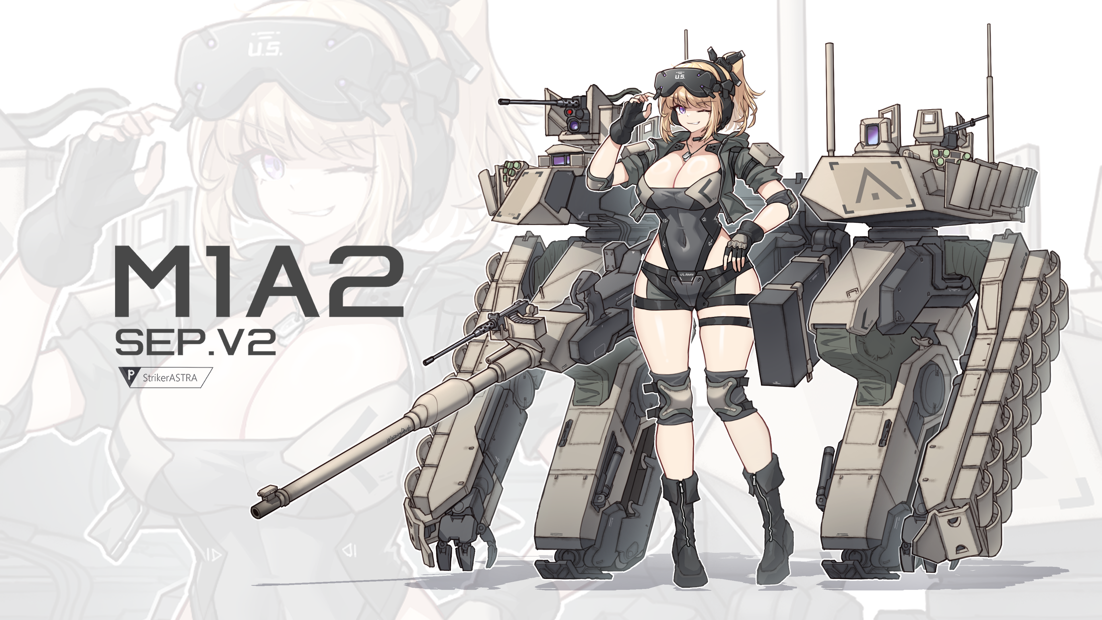 sherman (egnk2525), m1 abrams, m1 abrams (personification), original, absurdres, commentary request, highres, 1girl, black boots, black leotard, blonde hair, boots, breasts, browning m2, camouflage, cannon, cleavage, covered navel, desert camouflage, dog tags, full body, goggles, goggles on head, grin, gun, hand on own hip, headset, heavy machine gun, knee pads, large breasts, leotard, looking at viewer, machine gun, mecha musume, military vehicle, motor vehicle, multiple views, one eye closed, personification, ponytail, purple eyes, smile, solo, standing, tank, weapon