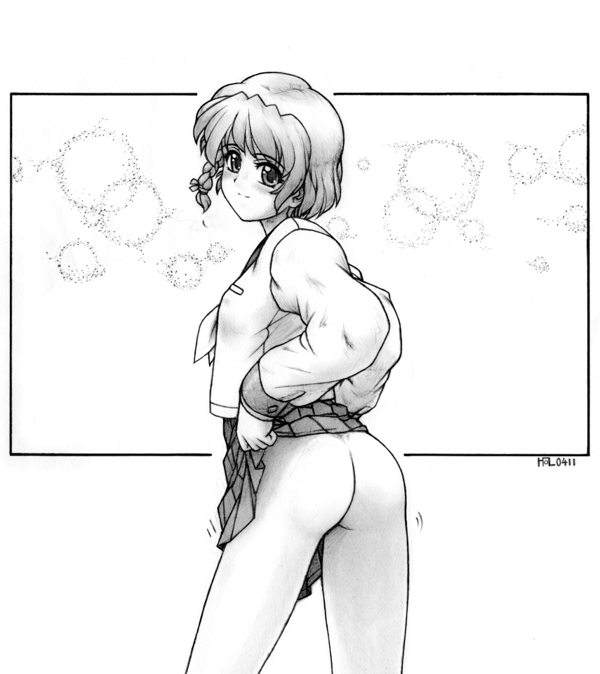 harumachi nagaaki, original, 1girl, ass, braid, clothes lift, cowboy shot, embarrassed, female focus, greyscale, light smile, looking at viewer, looking back, monochrome, motion lines, no panties, pleated skirt, presenting, school uniform, serafuku, side braid, simple background, skirt, skirt lift, solo, white background