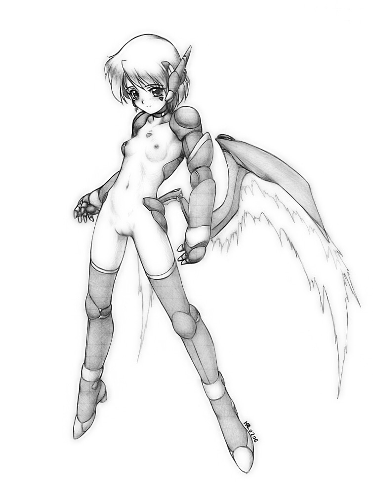 harumachi nagaaki, original, 1girl, boots, breasts, censored, female focus, full body, gloves, greyscale, monochrome, pussy, small breasts, solo, thighhighs, wings