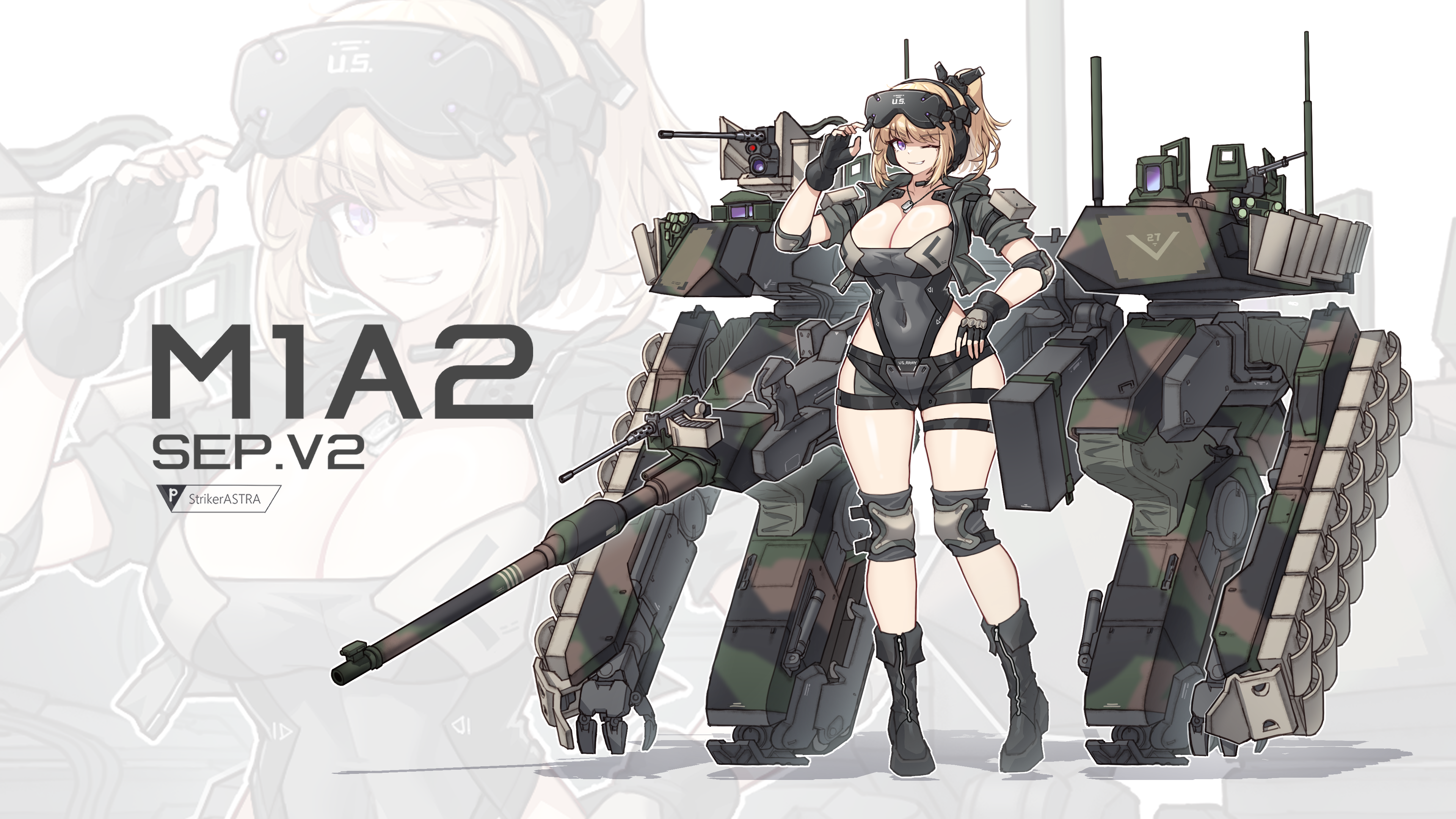 sherman (egnk2525), m1 abrams, m1 abrams (personification), original, absurdres, commentary request, highres, 1girl, black boots, black leotard, blonde hair, boots, breasts, browning m2, camouflage, cannon, cleavage, covered navel, dog tags, full body, goggles, goggles on head, grin, gun, hand on own hip, headset, heavy machine gun, knee pads, large breasts, leotard, looking at viewer, machine gun, mecha musume, military vehicle, motor vehicle, multiple views, one eye closed, personification, ponytail, purple eyes, smile, solo, standing, tank, weapon, woodland camouflage