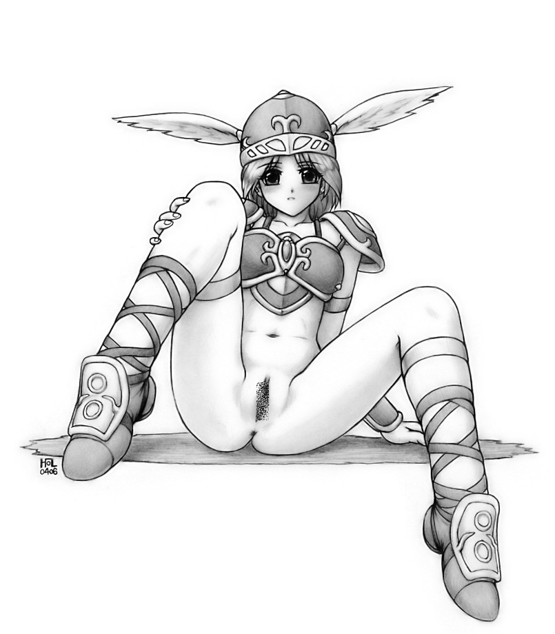harumachi nagaaki, valkyrie (vnd), valkyrie no densetsu, 1girl, ankle lace-up, boots, censored, female focus, full body, gloves, greyscale, helm, helmet, lace-up boots, monochrome, pussy, solo, spread legs, winged helmet
