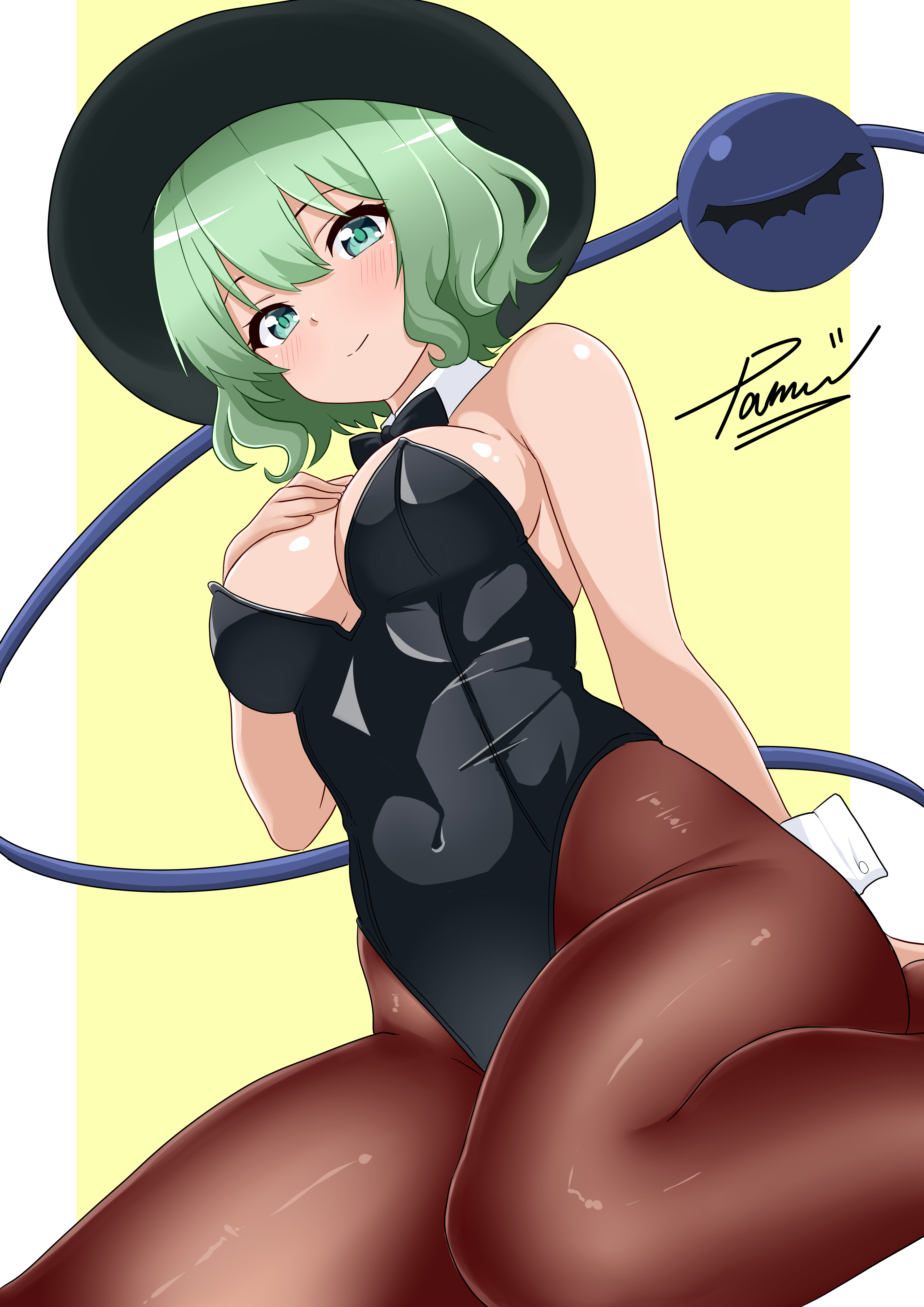 pamu art, komeiji koishi, touhou, absurdres, commentary request, highres, 1girl, animal ear hairband, animal ears, black bow, black bowtie, black hat, black leotard, bow, bowtie, brown pantyhose, detached collar, fake animal ears, green eyes, green hair, hairband, hat, highleg, highleg leotard, leotard, pantyhose, short hair, signature, sitting, solo, strapless, strapless leotard, third eye, wariza, wrist cuffs
