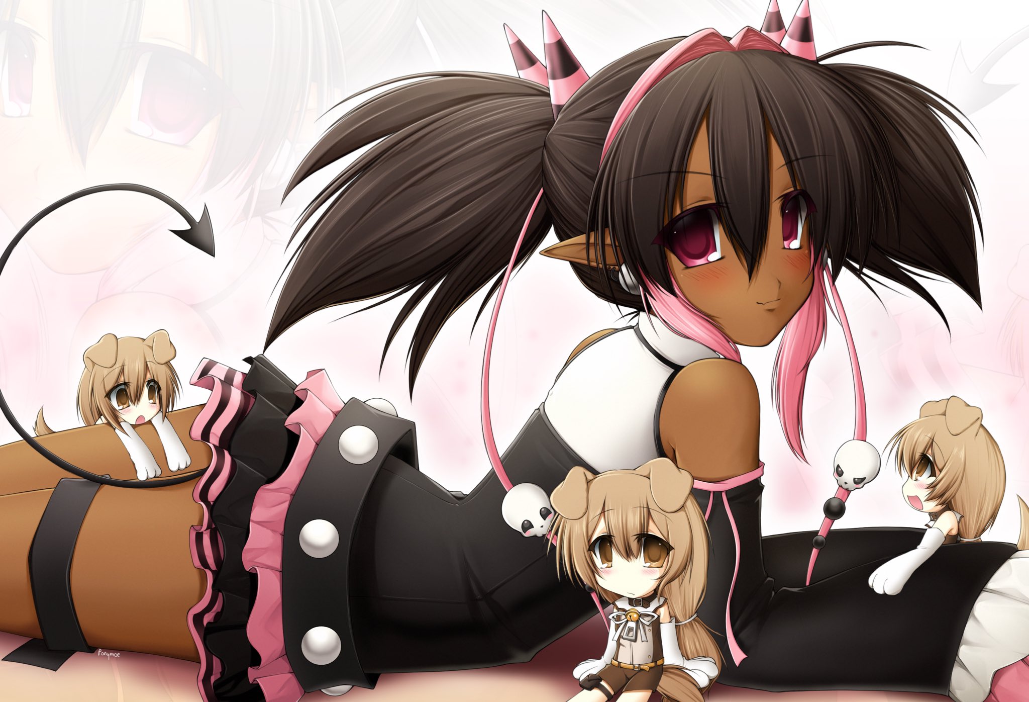 ponymoe, lenni (ponymoe), highres, 2000s (style), 4girls, animal ears, animal hands, belt, blush, brown eyes, brown hair, chibi, dark-skinned female, dark skin, detached sleeves, dog ears, dog girl, dog tail, faux retro artstyle, floppy ears, hair intakes, horns, long hair, low-tied long hair, magi stop, magical girl, mini person, minigirl, miniskirt, multiple girls, nene (ponymoe), pink eyes, pink hair, pink ribbon, pointy ears, ribbon, skirt, skull, smile, tail, twintails