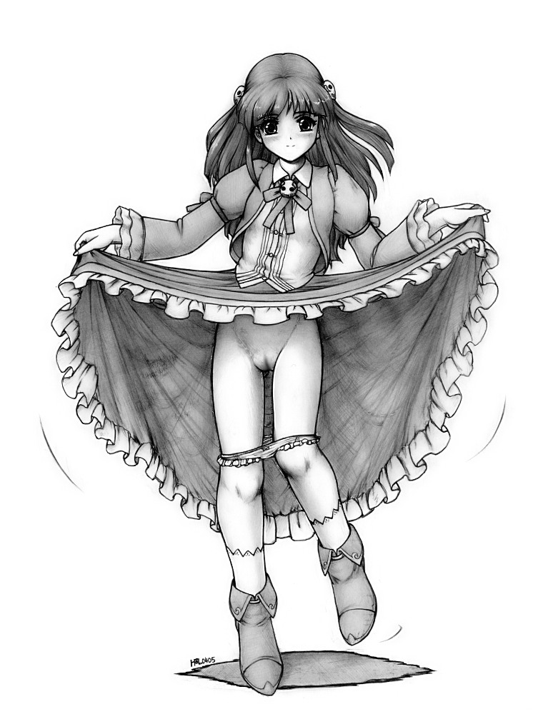 harumachi nagaaki, morigana, ashita no daimaou, original, 1girl, boots, cleft of venus, clothes lift, female focus, full body, greyscale, legs, monochrome, panties, panty pull, pussy, skirt, skirt lift, solo, standing, underwear