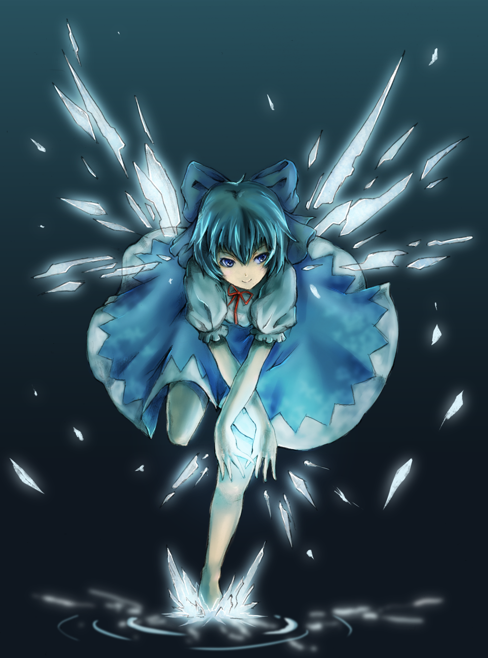 crost, kurosuto, cirno, touhou, highres, 1girl, barefoot, blue hair, dress, element bender, female focus, full body, gradient background, ice, ribbon, short hair, solo, wings