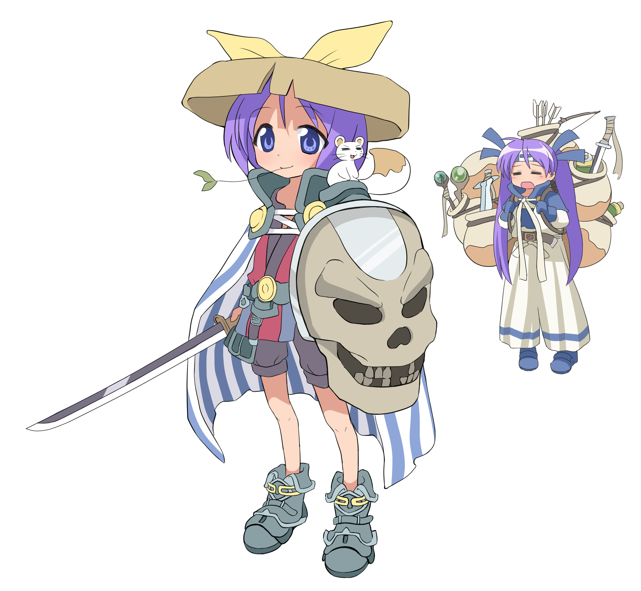 haiteku, hiiragi kagami, hiiragi tsukasa, izumi konata, fuurai no shiren, lucky star, pot, bad id, bad pixiv id, highres, 2girls, arrow (projectile), belt, blue eyes, bow, bow (weapon), cape, cat, cosplay, hat, headband, katana, loose clothes, multiple girls, purple hair, sandogasa, scroll, shield, siblings, sisters, skull, staff, storage pot, straw hat, sword, twintails, weapon, weasel, yellow bow