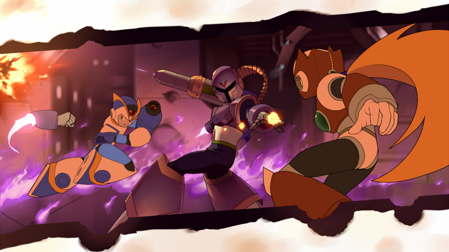 first armor x (mega man), vile (mega man), x (mega man), zero (mega man), mega man (series), mega man maverick hunter x, mega man x (series), 3boys, android, arm cannon, armor, blonde hair, blue gloves, cannon, chest jewel, clenched teeth, fiery background, fighting, finger gun, fire, forehead jewel, full body, gloves, green eyes, grey gloves, helmet, holding, jewelry, long hair, may (nicoseiga 32709921), multiple boys, ponytail, purple armor, purple helmet, red armor, red helmet, robot, robot ears, rocket punch, shoulder armor, shoulder cannon, standing, teeth, very long hair, weapon, white armor, white gloves, white helmet