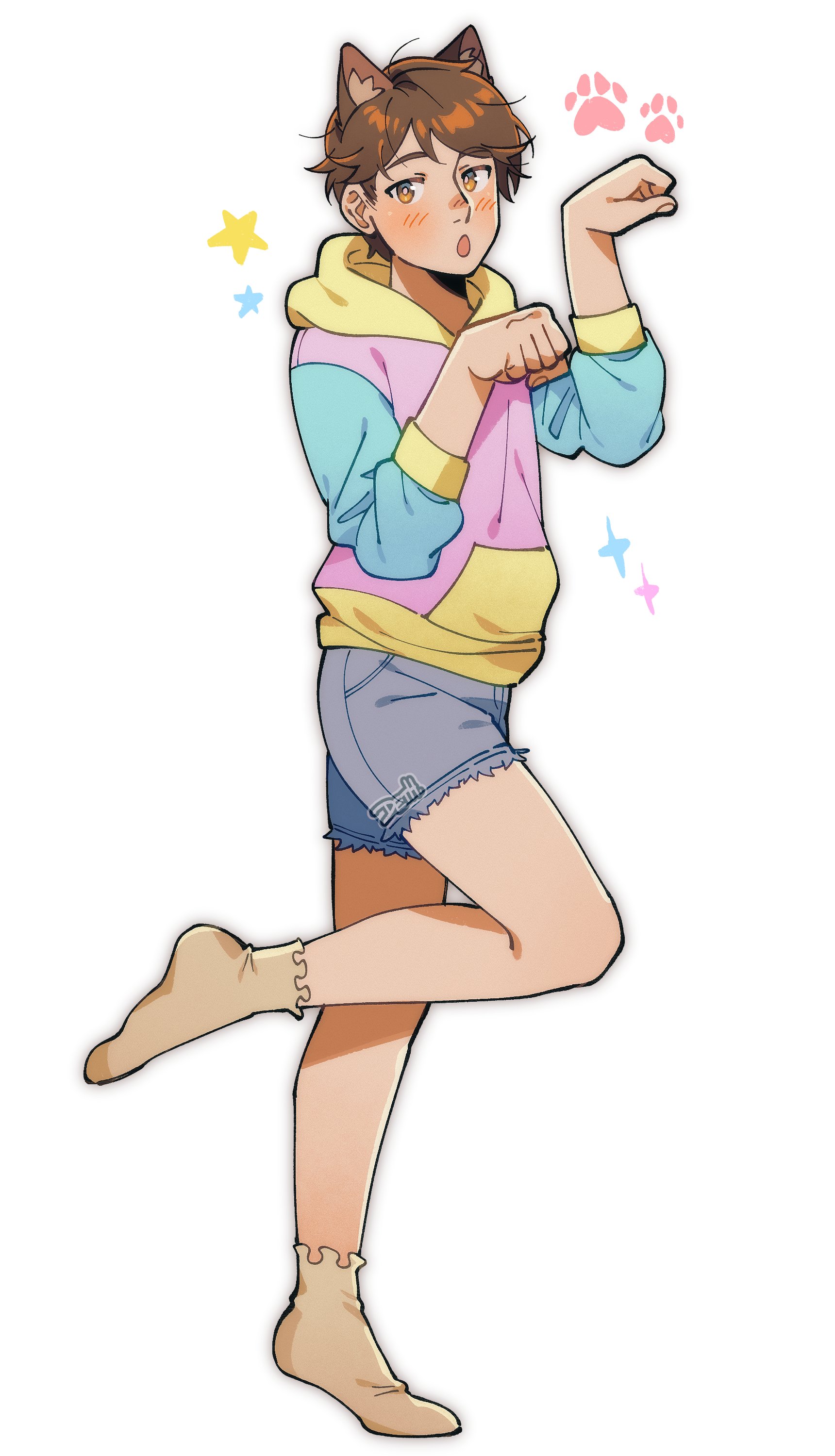 johan (deathamaranth), original, absurdres, commentary, commission, english commentary, highres, 1boy, :o, animal ears, brown eyes, brown hair, brown socks, cat ears, full body, grey shorts, hood, hoodie, male focus, open mouth, paw pose, paw print, short shorts, shorts, socks, solo, sparkle, standing, standing on one leg, star (symbol)
