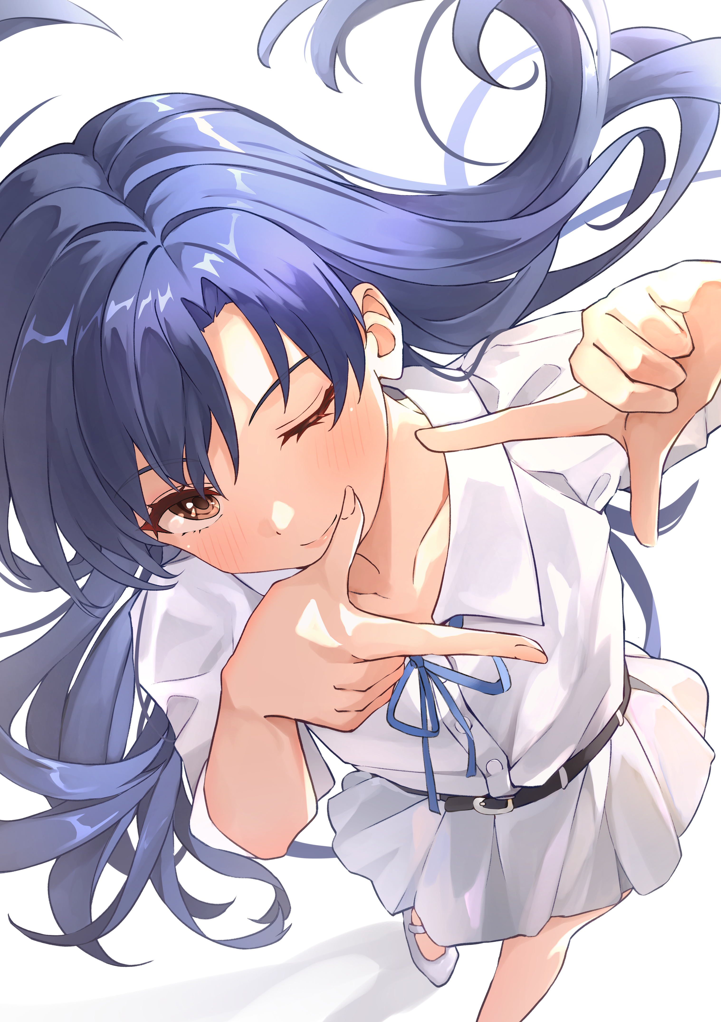 b1ack illust, kisaragi chihaya, idolmaster, idolmaster (classic), idolmaster million live!, absurdres, commentary, highres, ;), belt, blue eyes, blue hair, blue ribbon, collarbone, collared dress, dress, finger frame, fingernails, floating hair, long hair, looking at viewer, neck ribbon, one eye closed, ribbon, shoes, simple background, smile, straight hair, very long hair, white background, white dress, white shoes