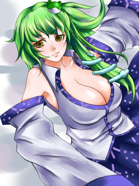 rugu, kochiya sanae, touhou, 1girl, breasts, female focus, gradient background, green hair, japanese clothes, large breasts, long hair, miko, skirt, solo