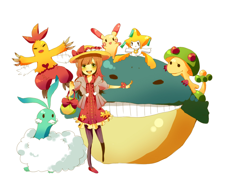 conoha, altaria, breloom, combusken, jirachi, plusle, wailmer, nintendo, pixiv, pixiv trainer, pokemon, bad id, bad pixiv id, 00s, 1girl, brown hair, gen 3 pokemon, green eyes, hat, legendary pokemon, mythical pokemon, pantyhose, poke ball, poke ball (basic), pokemon (creature)