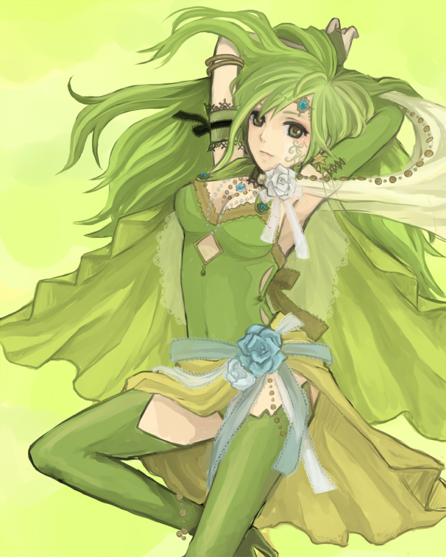 keru, rydia (adult) (ff4), rydia (ff4), final fantasy, final fantasy iv, 1990s (style), 1girl, aged up, boots, breasts, bridal gauntlets, cape, detached sleeves, female focus, gradient background, green boots, green eyes, green hair, long hair, matching hair/eyes, retro artstyle, solo, thigh boots, thighhighs