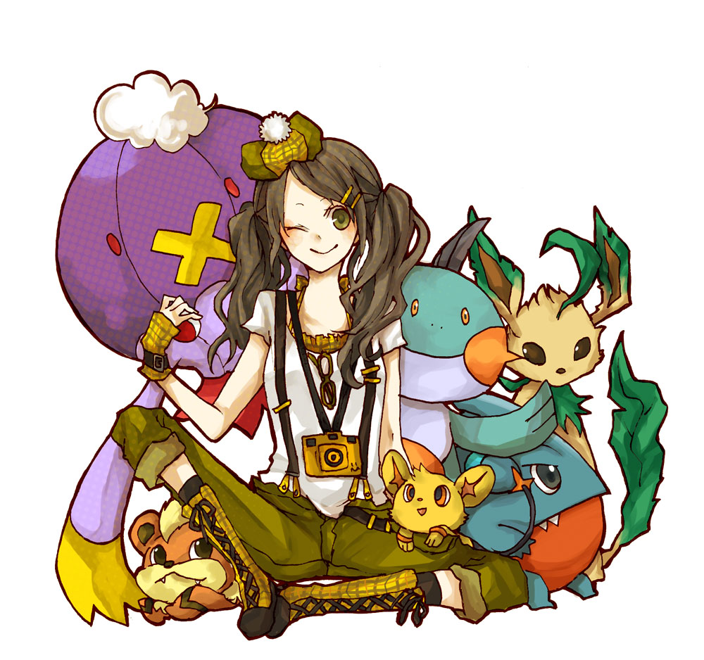 buzz (moi), drifblim, gible, growlithe, leafeon, marshtomp, shinx, nintendo, pixiv, pixiv trainer, pokemon, 1girl, alternate color, brown hair, camera, gen 1 pokemon, gen 3 pokemon, gen 4 pokemon, gloves, green eyes, holding, holding poke ball, one eye closed, poke ball, pokemon (creature), sexual dimorphism, shiny pokemon, spread legs, wink