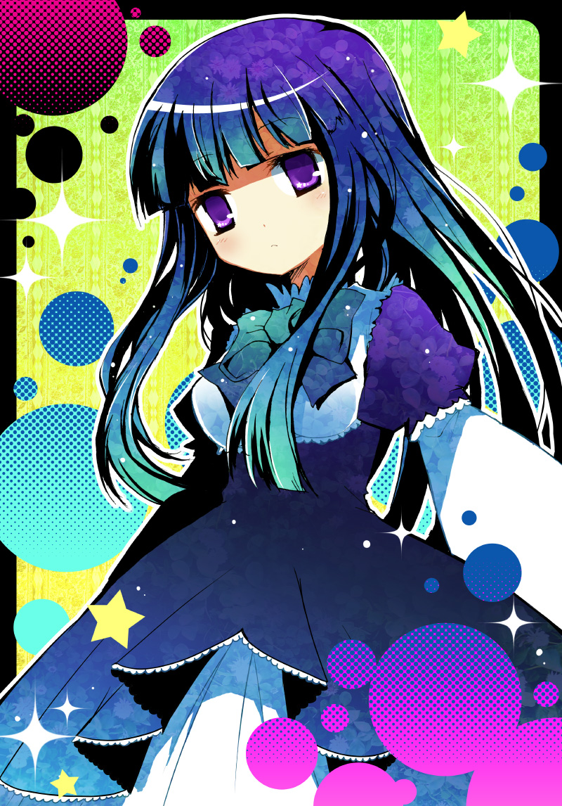 suzushiro kurumi, frederica bernkastel, umineko no naku koro ni, 00s, 1girl, blue hair, bow, dress, female focus, long hair, purple eyes, solo, star (symbol)