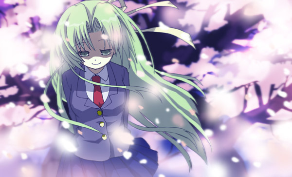 sonozaki shion, higurashi no naku koro ni, 00s, 1girl, blazer, cherry blossoms, female focus, green eyes, green hair, jacket, long hair, petals, ribbon, school uniform, solo