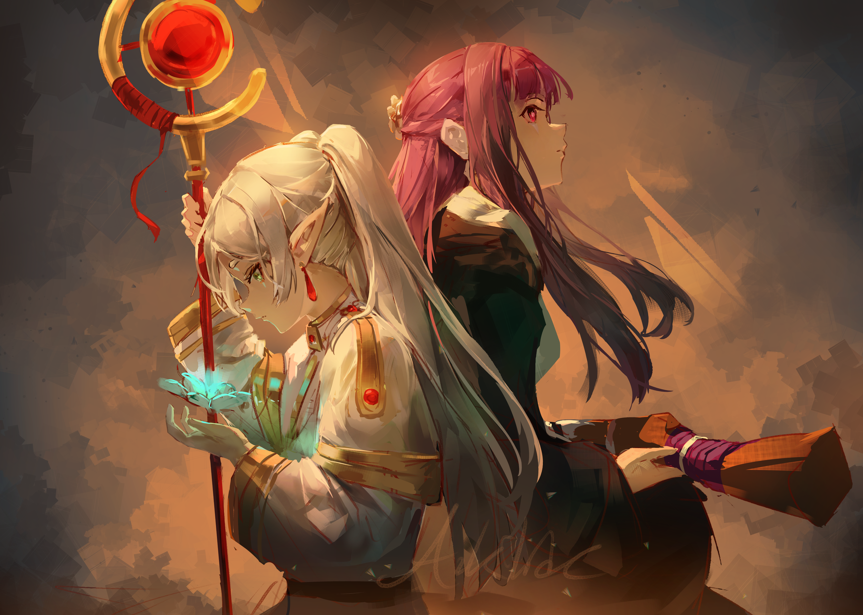 arkilide, fern (sousou no frieren), frieren, sousou no frieren, absurdres, highres, 2girls, dress, flower, green eyes, grey hair, holding, holding staff, long hair, multiple girls, pointy ears, purple eyes, purple hair, staff, twintails, white dress, white hair