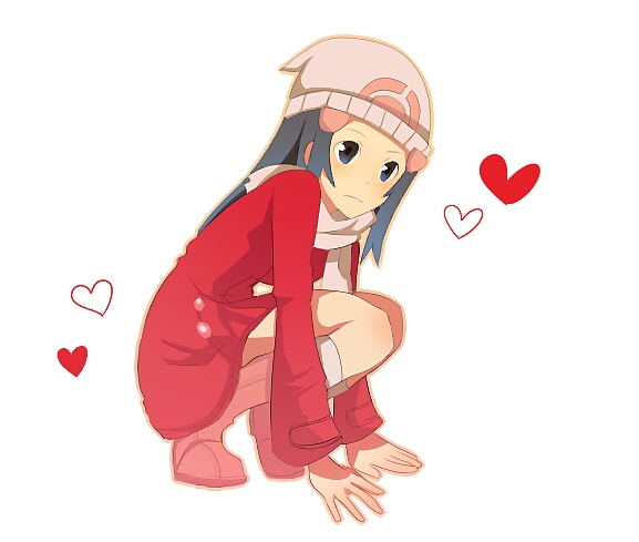 dawn (pokemon), dawn (pokemon platinum), nintendo, pokemon, pokemon dppt, 00s, 1girl, alternate costume, beanie, blue eyes, blue hair, blush, boots, coat, female focus, full body, hair ornament, hairclip, hat, heart, long hair, matching hair/eyes, oekaki, pink boots, scarf, simple background, sitting, solo, squatting, white background, winter clothes