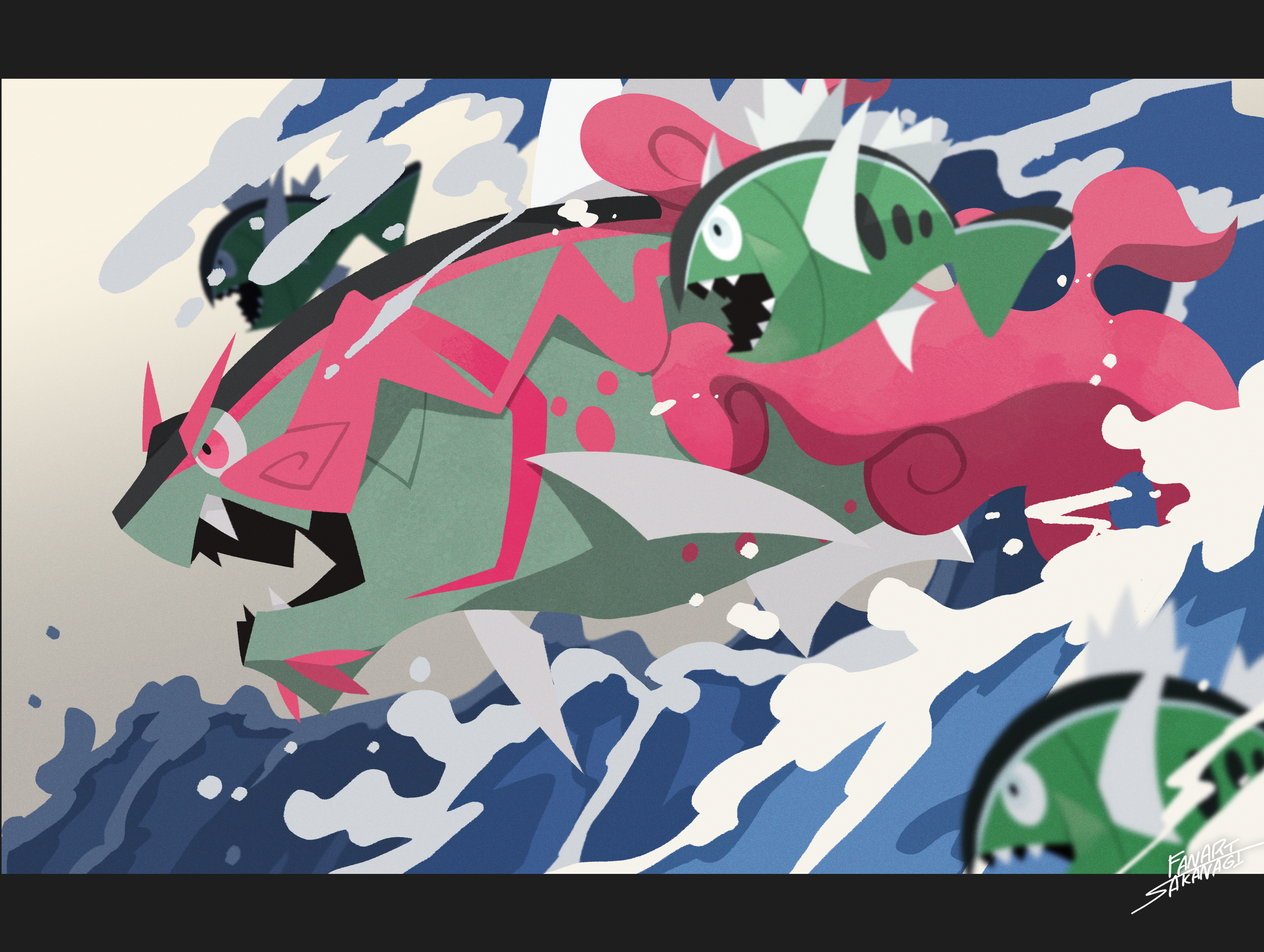 sakanagi (a r co), basculegion, basculegion (male), basculin, nintendo, pokemon, absurdres, commentary request, highres, animal focus, basculin (white), blurry, evolutionary line, fangs, fish, gen 5 pokemon, letterboxed, no humans, open mouth, pokemon (creature), pokemon focus, red eyes, sharp teeth, signature, teeth, water, white eyes