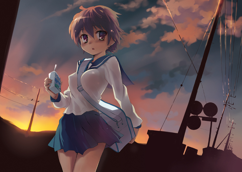 oryo (oryo04), miyanaga saki, original, saki (manga), bad id, bad pixiv id, bag, between breasts, breasts, brown eyes, brown hair, covered erect nipples, juice box, power lines, school uniform, serafuku, short hair, skirt, sky, solo, strap between breasts, sunset, utility pole