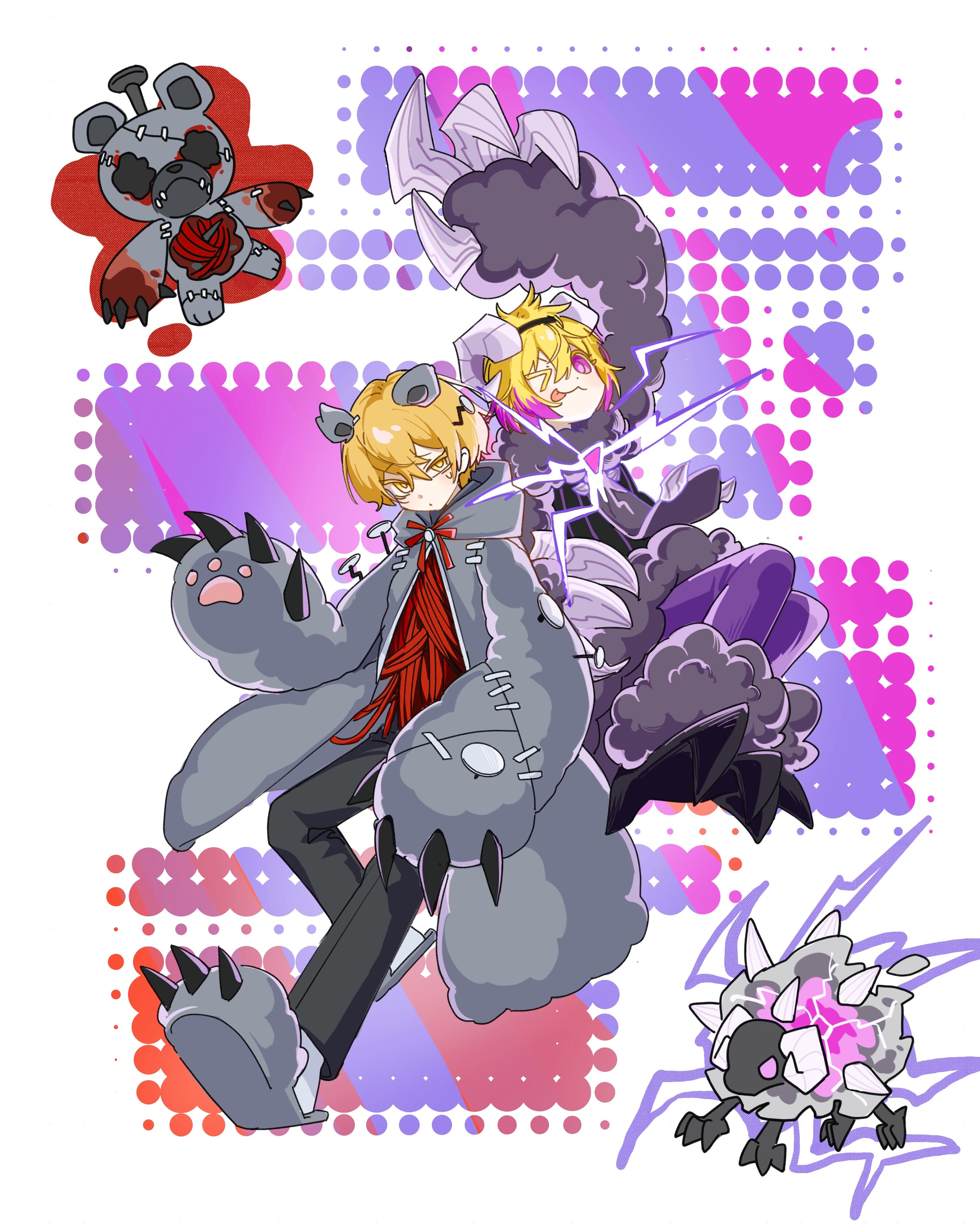 don quixote (project moon), dreaming electric sheep, hurting teddy bear, sinclair (project moon), limbus company, project moon, absurdres, highres, > o, 1boy, 1girl, :3, animal ears, bear claws, bear ears, black dress, black pants, blonde hair, chibi, chibi inset, closed mouth, coat, dot mouth, dress, e.g.o (project moon), electric screaming (e.g.o), electricity, full body, fur-trimmed dress, fur trim, gradient hair, grey coat, grey slippers, hex nail (e.g.o), horns, leggings, looking at viewer, multicolored hair, nail (hardware), one eye closed, pants, paw sleeves, purple eyes, purple hair, purple leggings, red yarn, sheep, sheep horns, short hair, simple background, slippers, standing, stitches, stuffed animal, stuffed toy, suncz265487, teddy bear, tongue, tongue out, white background, yellow eyes