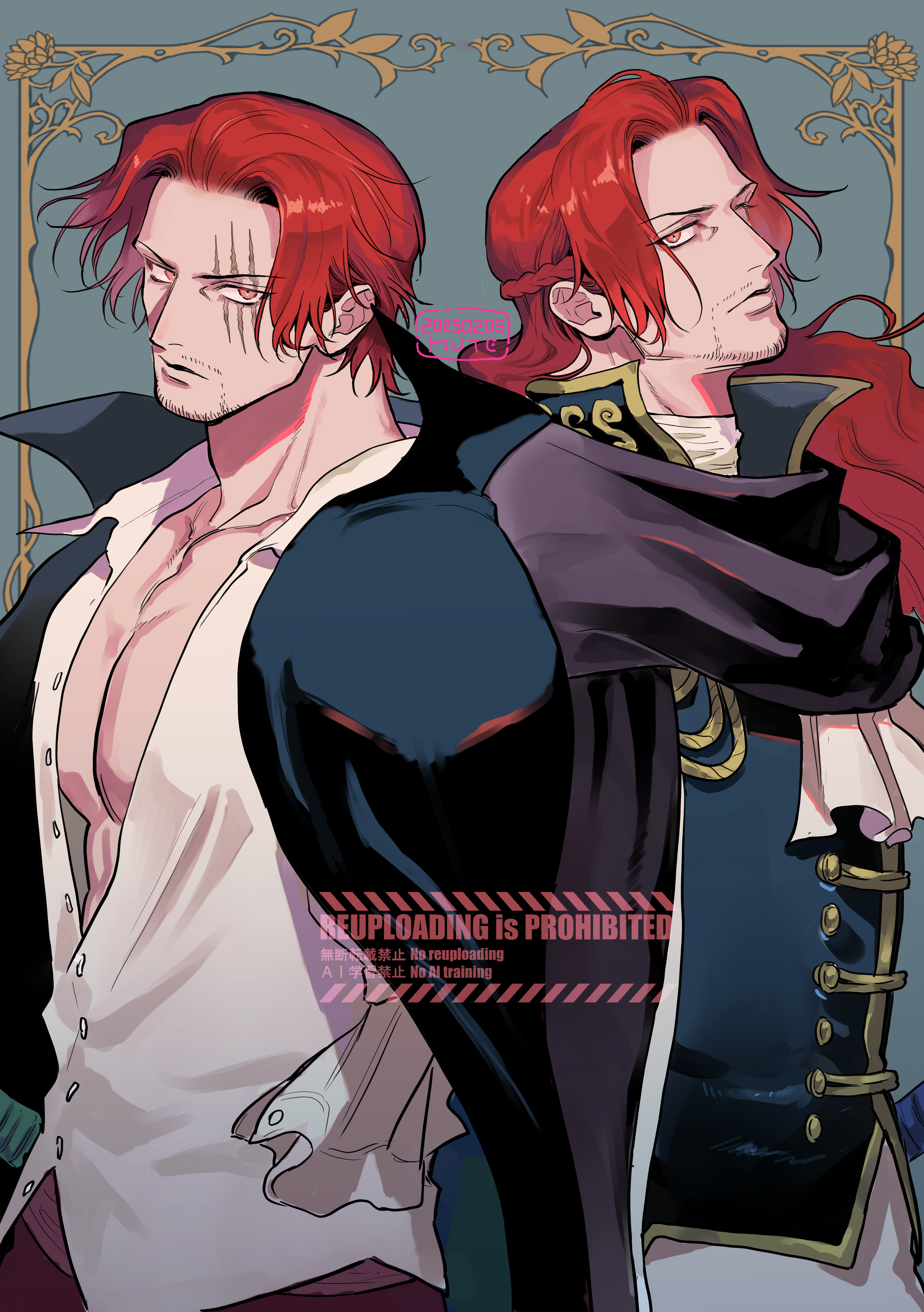 momoh jiyucho, shanks (one piece), one piece, absurdres, commentary request, highres, 1boy, alternate hair length, alternate hairstyle, amputee, ascot, bare pectorals, beard, black cape, braid, cape, closed mouth, connected beard, facial hair, high collar, long hair, looking at viewer, male focus, multiple boys, pectorals, poet shirt, red eyes, red hair, scar, scar across eye, scar on face, shirt, short hair, upper body, white ascot, white shirt