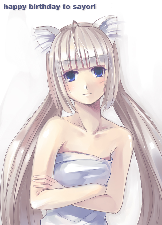 bla (artist), 1girl, ahoge, animal ears, blonde hair, blue eyes, blunt bangs, blush, cat ears, female focus, happy birthday, head tilt, long hair, simple background, solo, twintails