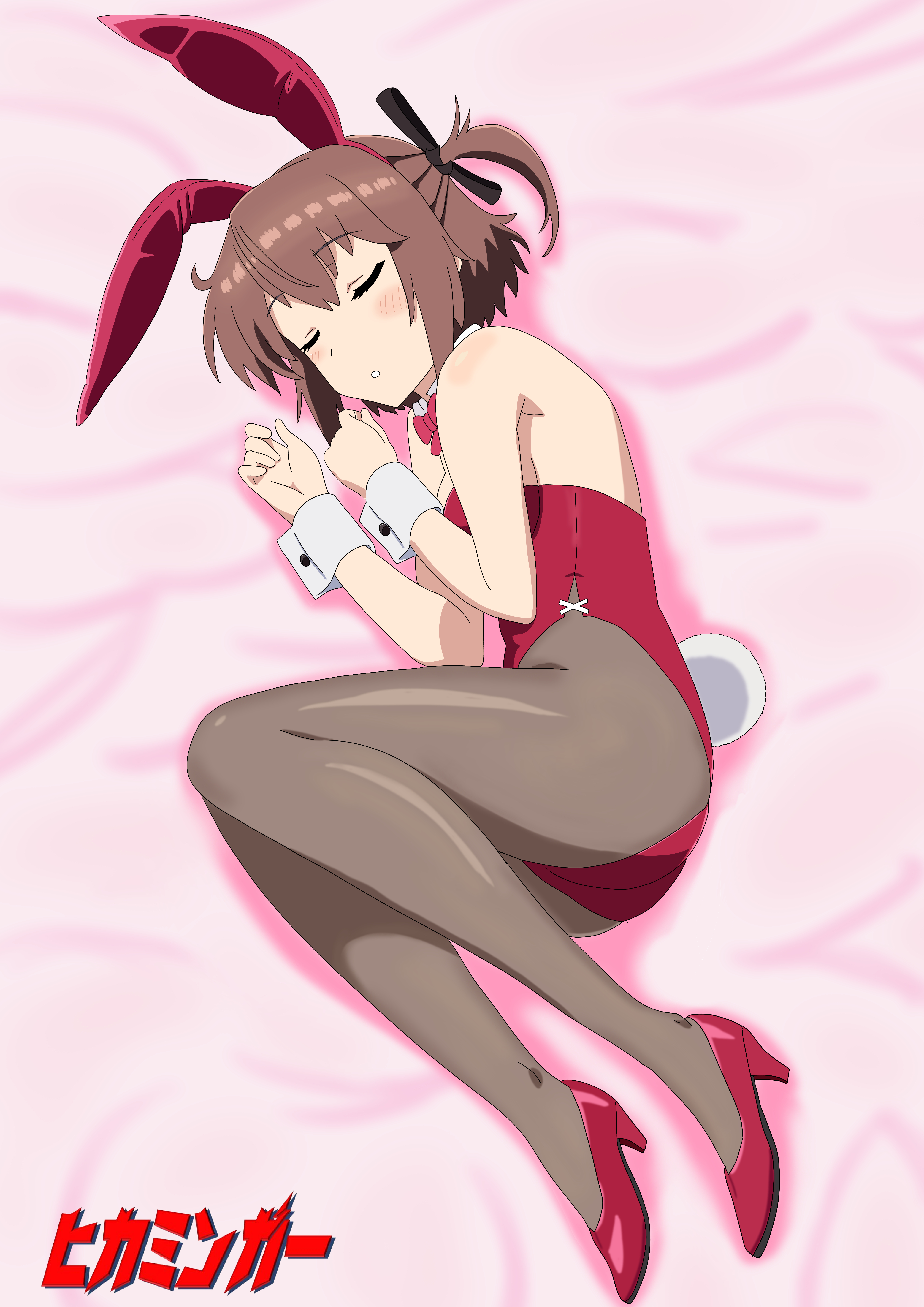 etou kanami, toji no miko, absurdres, highres, 1girl, animal ear hairband, animal ears, artist name, bow, bowtie, breasts, brown hair, brown pantyhose, closed eyes, detached collar, fake animal ears, fetal position, full body, hairband, hikamingaa, leotard, lying, medium breasts, on side, one side up, pantyhose, playboy bunny, rabbit ears, rabbit tail, red bow, red bowtie, red leotard, short hair, sleeping, solo, strapless, strapless leotard, tail, wrist cuffs