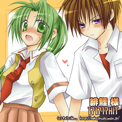 hibiki mio, maebara keiichi, sonozaki mion, higurashi no naku koro ni, lowres, 00s, 1boy, 1girl, blush, brown hair, green eyes, green hair, open mouth, ponytail, purple eyes, school uniform, shirt, watermark, web address, white shirt