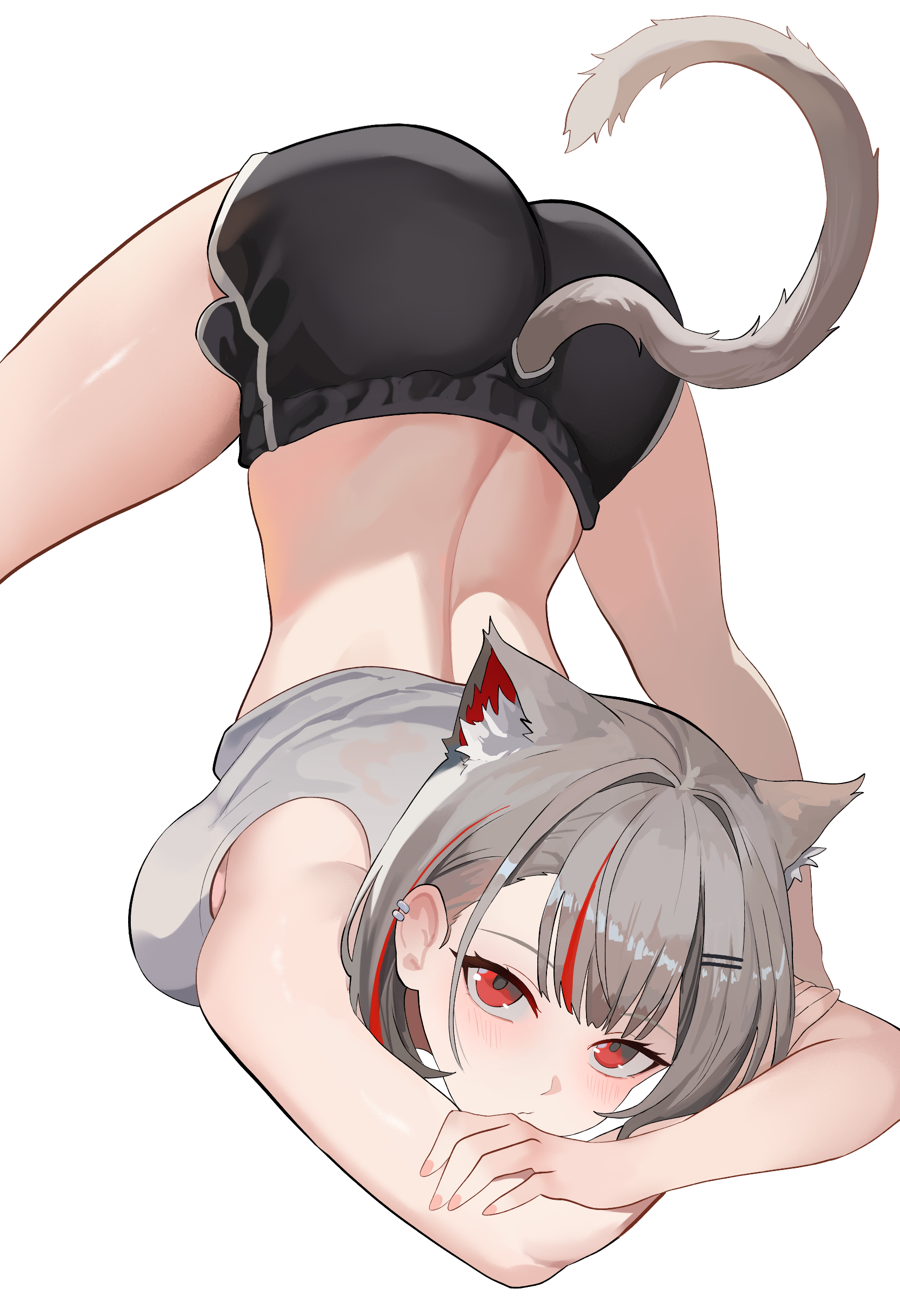nbee ya, neneko mashiro, stellive, absurdres, highres, 1girl, alternate costume, animal ears, breasts, cat ears, cat girl, cat tail, crop top, dolphin shorts, earrings, grey hair, hair ornament, hairpin, jack-o' challenge, jewelry, multicolored hair, multiple earrings, red eyes, red hair, short hair, shorts, solo, streaked hair, tail, virtual youtuber