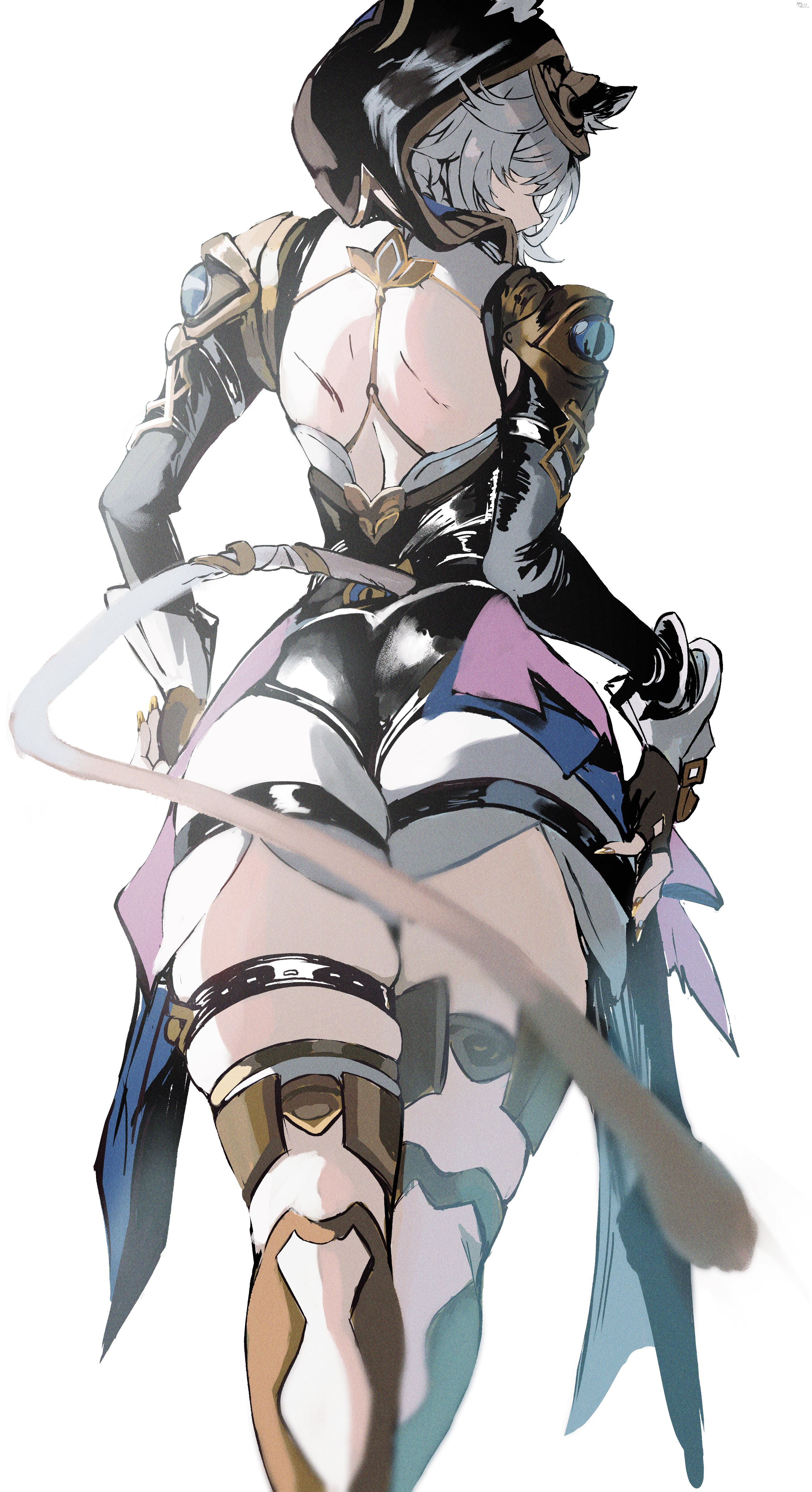 yato (yama0x1), cipher (honkai: star rail), honkai: star rail, honkai (series), absurdres, highres, 1girl, animal hood, ass, black hood, breasts, cat girl, cat hood, cat tail, cleavage, crossed legs, ears through hood, from behind, hood, hooded leotard, long legs, solo, tail, thighs, yellow nails