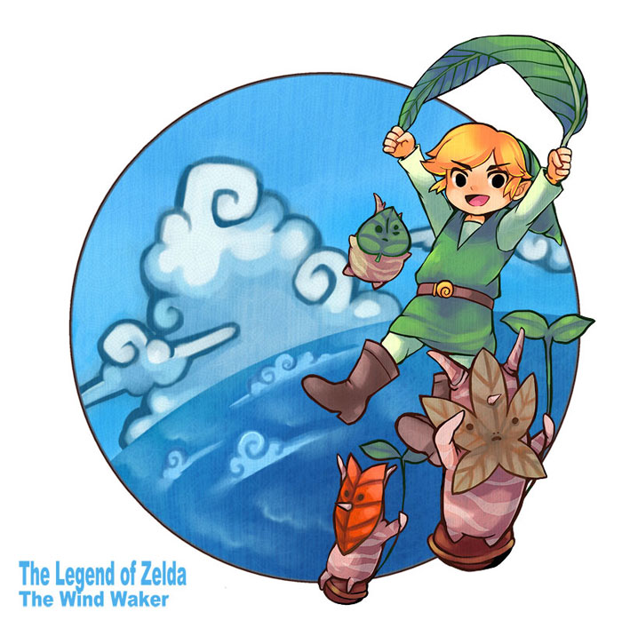 revery (artist), yuzawa risato, korok, link, makar, olivio (zelda), rown (zelda), toon link, nintendo, the legend of zelda, the legend of zelda: the wind waker, bad id, bad pixiv id, 1boy, belt, blonde hair, boots, cloud, green tunic, hat, leaf, male focus, solo, tunic, water