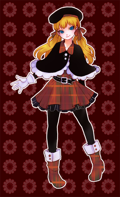 revery (artist), yuzawa risato, original, bad id, bad pixiv id, blonde hair, blue eyes, gloves, hat, pantyhose, plaid clothes, plaid skirt, skirt, solo