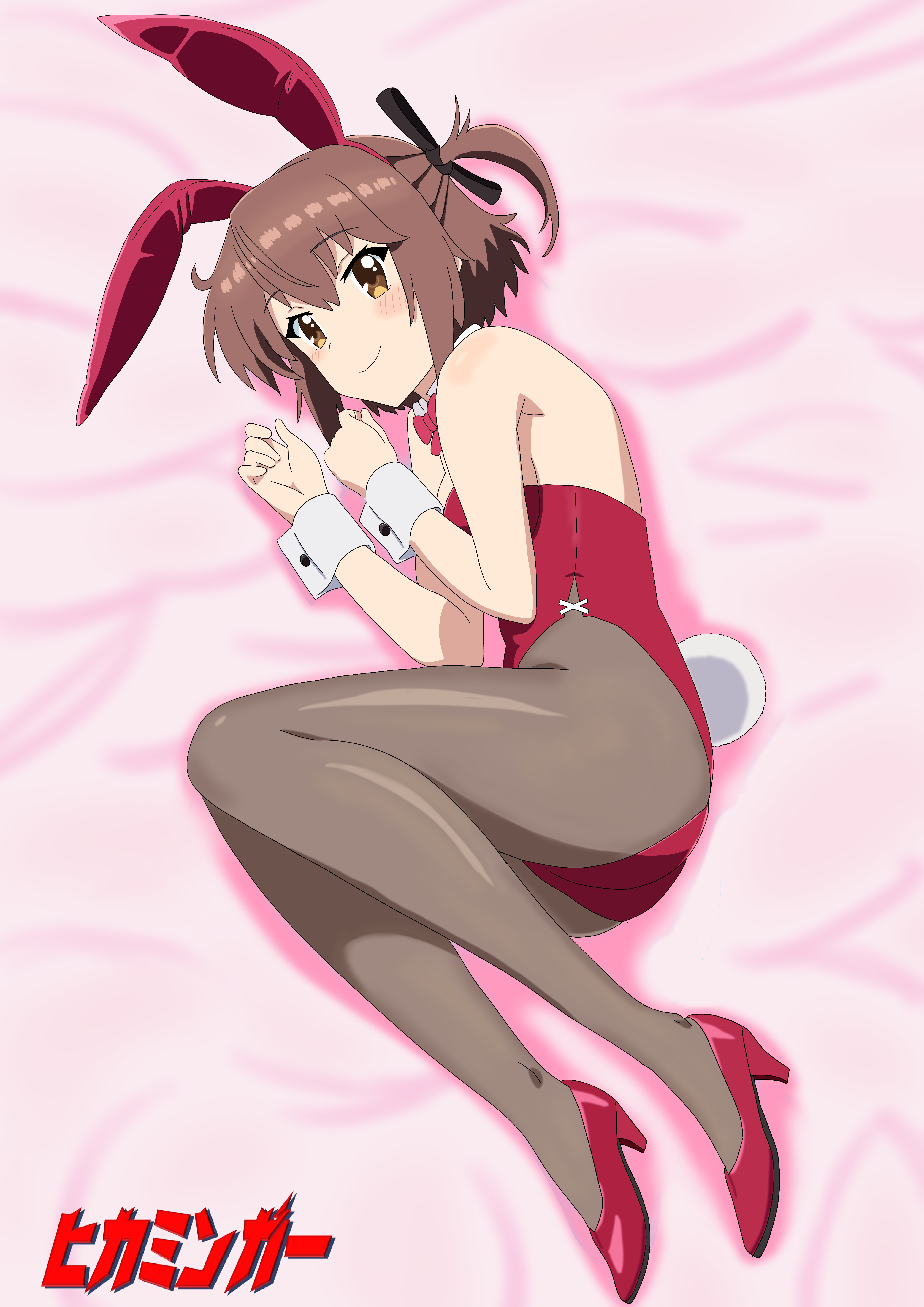 etou kanami, toji no miko, absurdres, highres, 1girl, animal ear hairband, animal ears, artist name, bow, bowtie, breasts, brown eyes, brown hair, brown pantyhose, closed eyes, detached collar, fake animal ears, fetal position, full body, hairband, hikamingaa, leotard, looking at viewer, lying, medium breasts, on side, one side up, pantyhose, playboy bunny, rabbit ears, rabbit tail, red bow, red bowtie, red leotard, short hair, smile, solo, strapless, strapless leotard, tail, wrist cuffs