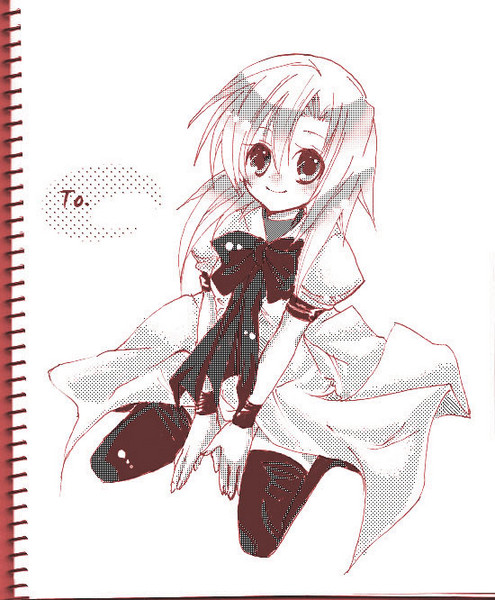 kuon (imbalance), ryuuguu rena, higurashi no naku koro ni, 00s, 1girl, bow, dress, female focus, monochrome, short hair, sitting, socks, solo