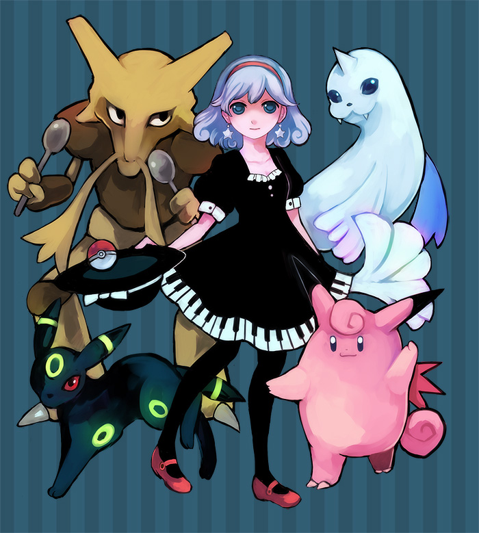 revery (artist), yuzawa risato, alakazam, clefable, dewgong, umbreon, nintendo, pixiv, pixiv trainer, pokemon, 1girl, alternate color, blue eyes, blue hair, bow, dress, earrings, fangs, gen 1 pokemon, gen 2 pokemon, hairband, hat, hat bow, horns, jewelry, neon trim, pantyhose, piano print, poke ball, pokemon (creature), single horn, spoon, tail, wings
