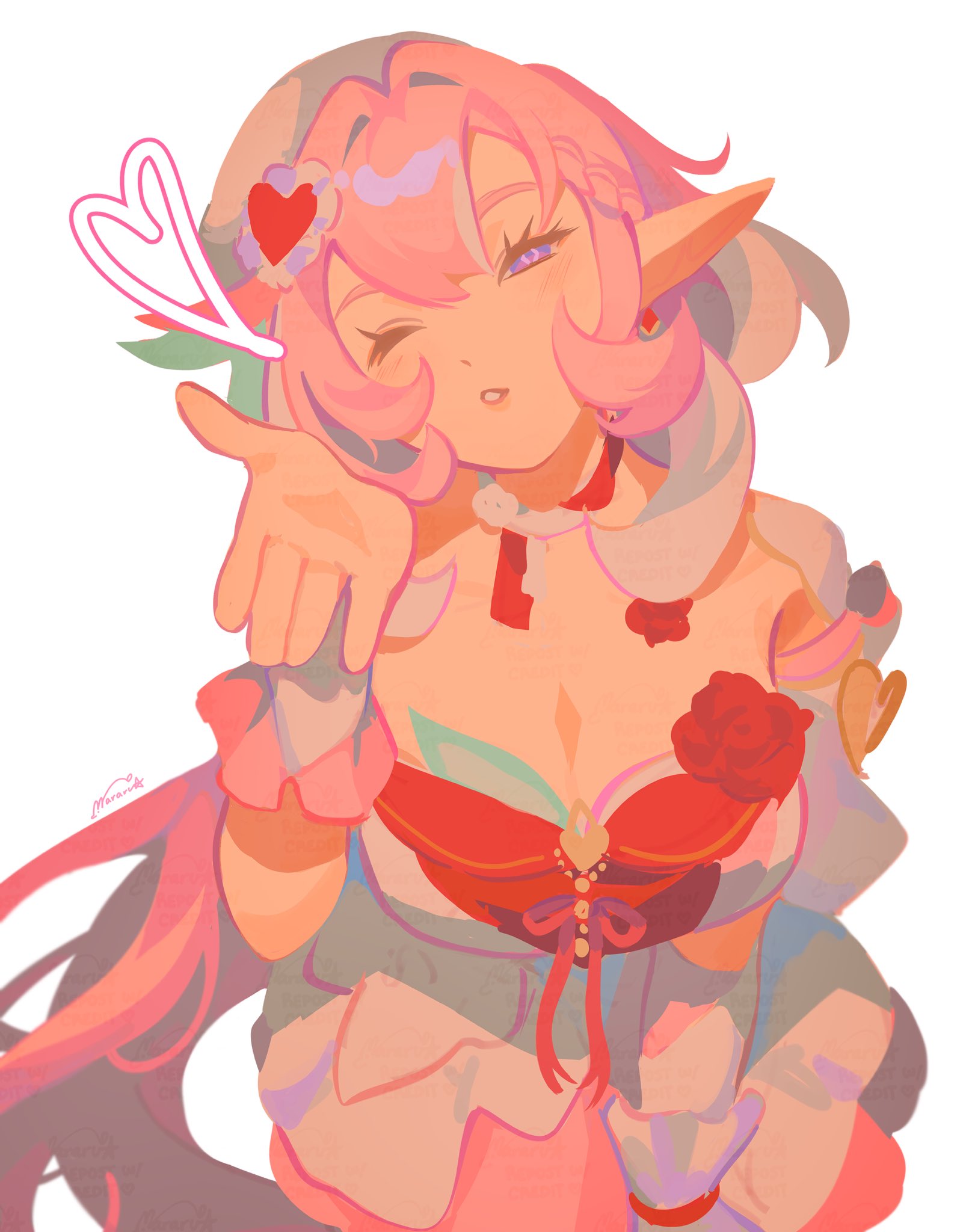 mararu, elysia (hi love elf) (honkai impact), elysia (honkai impact), honkai (series), honkai impact 3rd, commentary, english commentary, highres, 1girl, breasts, cleavage, diamond-shaped pupils, diamond (shape), dress, flower, hat, heart, long hair, one eye closed, parted lips, pink hair, pointy ears, purple eyes, red flower, red rose, rose, signature, solo, symbol-shaped pupils, very long hair, white dress