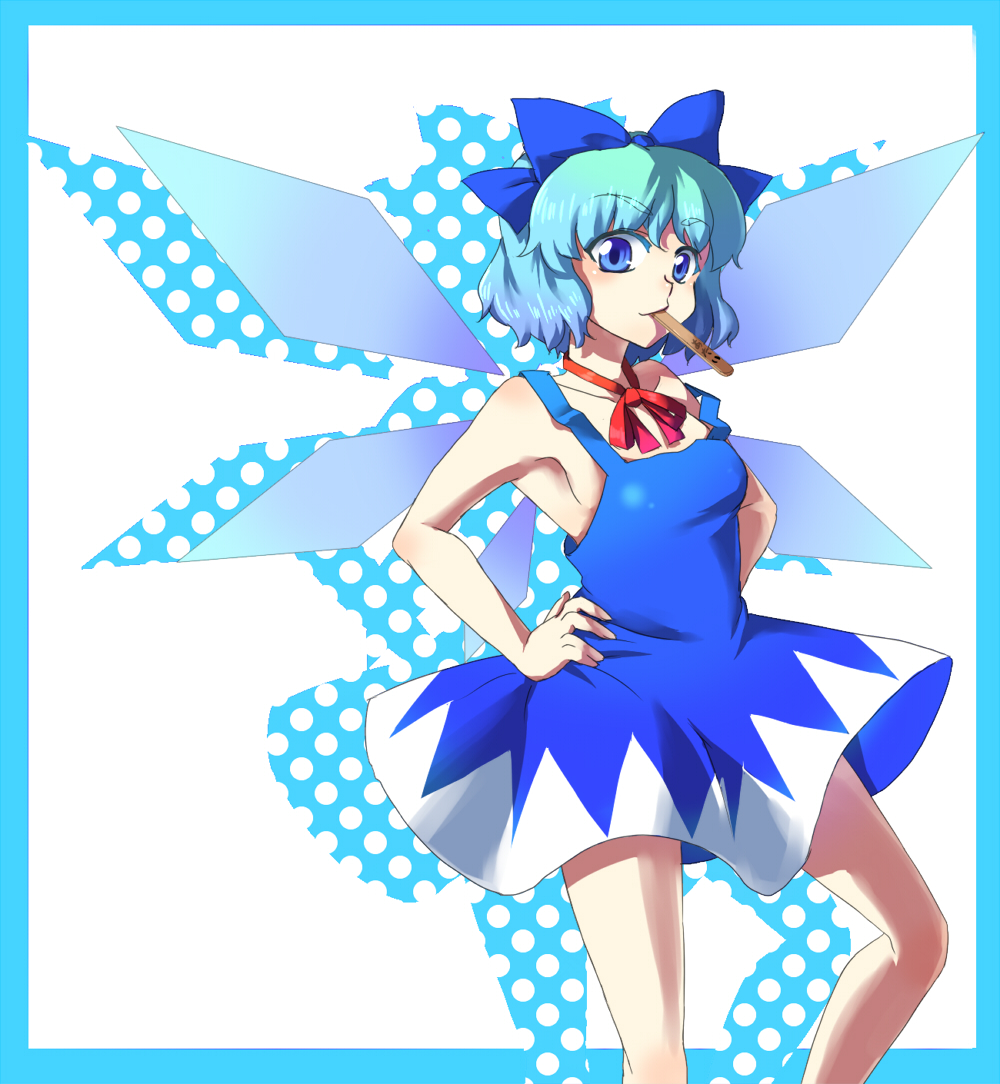 mizu mochi, cirno, touhou, bad id, bad pixiv id, 1girl, blue hair, dress, female focus, hands on own hips, ribbon, short hair, solo, white background, wings