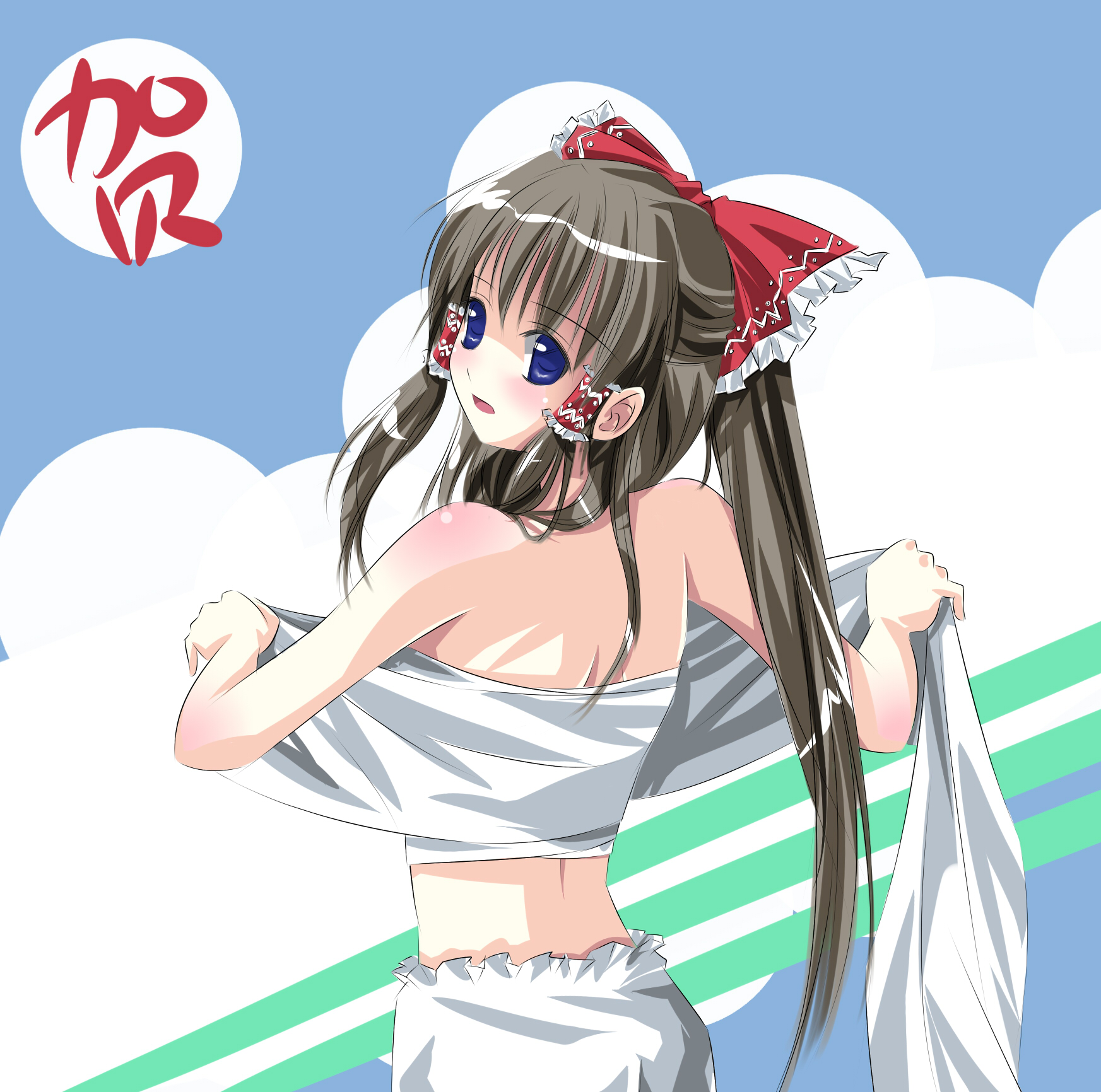 juuniya gekkatsuru, hakurei reimu, touhou, highres, 1girl, bloomers, female focus, long hair, ribbon, sarashi, solo, underwear, white bloomers