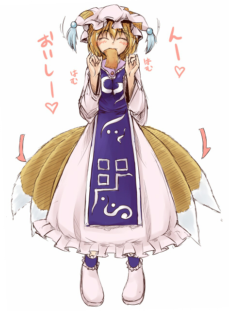 fechirin, yakumo ran, touhou, 1girl, aburaage, animal ears, animal hat, blonde hair, blush, female focus, food, fox ears, fox tail, full body, hat, long sleeves, mob cap, shoes, short hair, solo, standing, tail, tassel, tofu, white background, wide sleeves