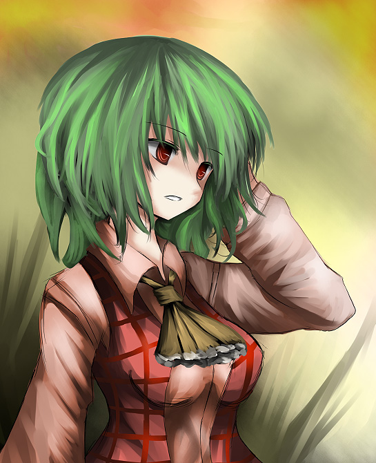 wasabi karasi, wasabi karasi (pixiv), kazami yuuka, touhou, bad id, bad pixiv id, 1girl, adjusting hair, ascot, breasts, female focus, green hair, large breasts, plaid clothes, plaid skirt, plaid vest, red eyes, short hair, skirt, skirt set, solo, upper body, vest